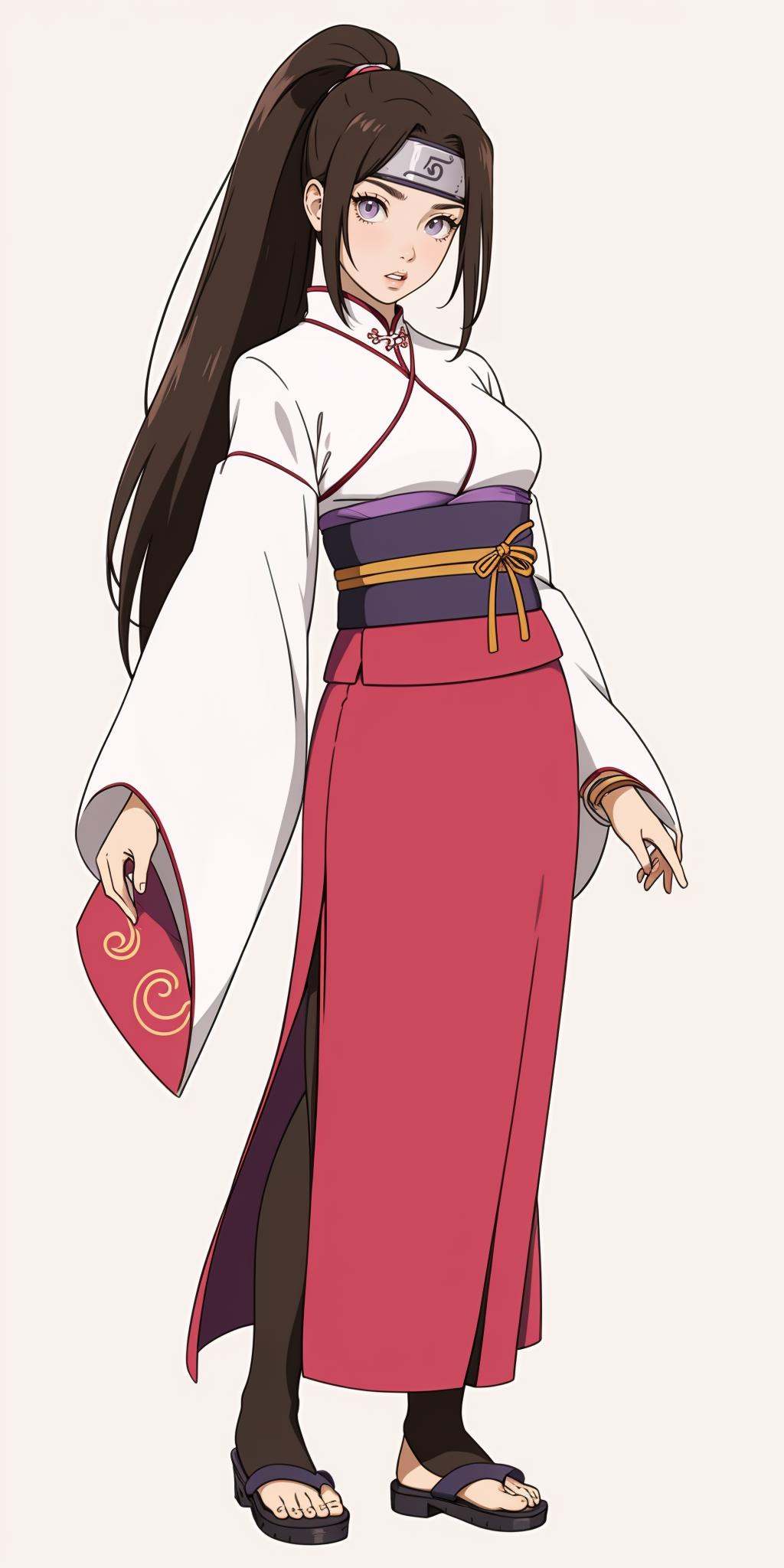 hezi,Naruto character design, 1girl, solo, long hair, brown hair, full body, standing, jewelry, purple eyes, simple background, bracelet, grey background, headband, very long hair, looking at viewer, ponytail, bangs, long sleeves, parted lips, black footwear, skirt, hair ribbon, breasts, shoes, sleeves past elbows, ribbon, high ponytail, gradient clothes, chinese clothes, sash, pantyhose, wide sleeves, dress, eyelashes, parted bangs, alternate costume, red headband, japanese clothes, hair ornament, shiny hair, medium breasts, long skirt, arms at sides, pink ribbon, sidelocks,<lora:火影人物设计2.0-000014:0.6>,