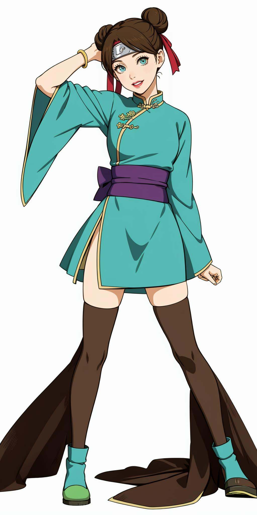 hezi,Naruto character design,headband, Character Design, animation art, quadratic, bright colors, 1girl, solo, thighhighs, long hair, blue eyes, full body, white thighhighs, brown hair, drill hair, white background, ribbon, simple background, smile, hair ribbon, standing, chinese clothes, looking at viewer, jewelry, bracelet, green footwear, long sleeves, dress, blue footwear, wide sleeves, shoes, sash, hair rings, bangs, green dress, makeup, adjusting hair, hand up, double bun, lipstick, over-kneehighs, light brown hair, skirt, twin drills, zettai ryouiki, hair bun, high heels<lora:火影人物设计2.0-000014:0.6>,