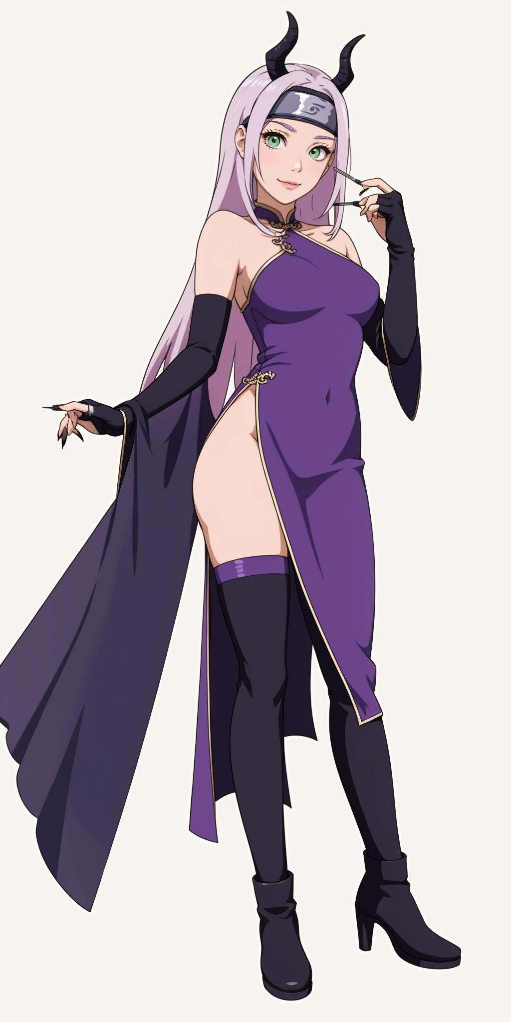 hezi,Naruto character design,(headband:1.3),Character Design, animation art, quadratic, bright colors, , 1girl, solo, long hair, thighhighs, green eyes, dress, full body, looking at viewer, veil, grey background, smile, breasts, pelvic curtain, simple background, bridal gauntlets, multicolored hair, standing, large breasts, black thighhighs, gloves, very long hair, black hair, high heels, hair ornament, purple dress, elbow gloves, mouth veil, purple hair, see-through, boots, fingernails, bare shoulders, black gloves, purple footwear, closed mouth, chinese clothes, watson cross, hair stick, streaked hair, personification, horns, pink hair,<lora:火影人物设计2.0-000014:0.6>,