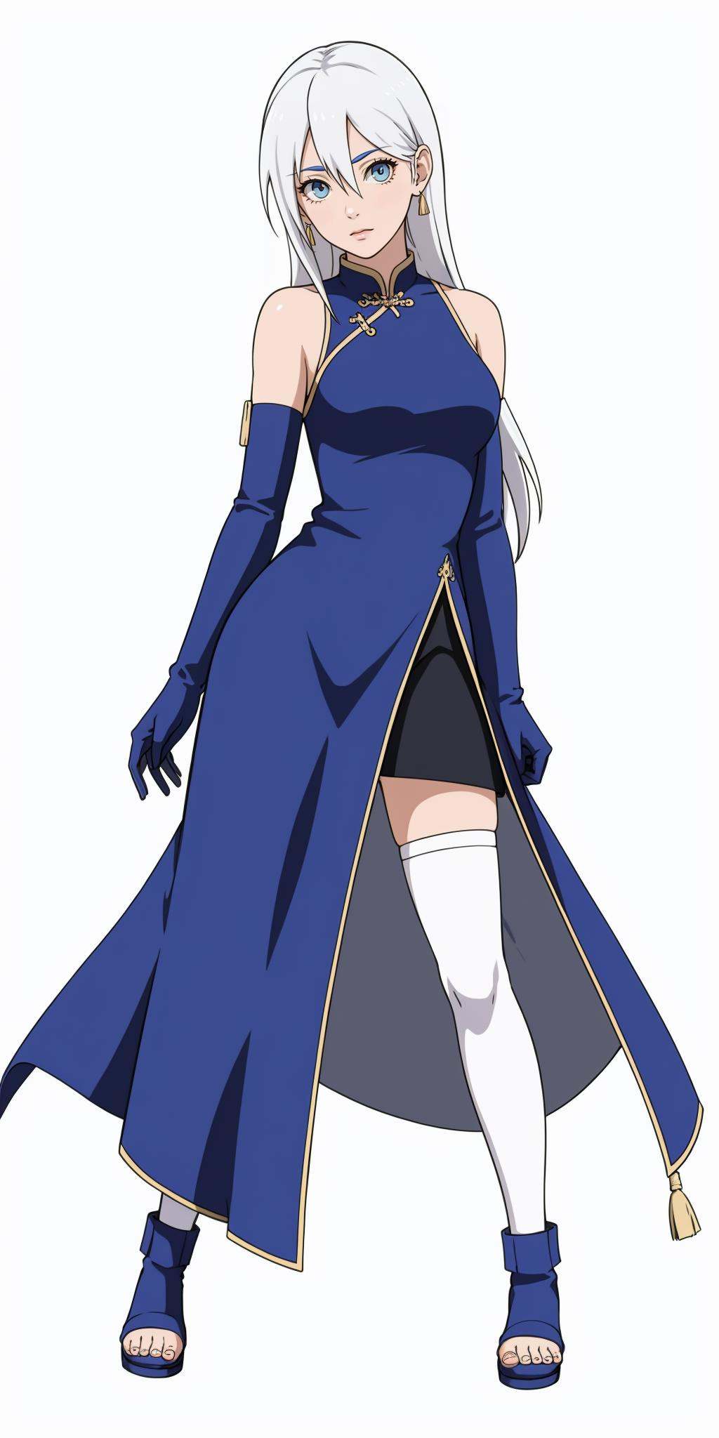hezi,Naruto character design,headband,Character Design, animation art, quadratic, bright colors, 1girl, solo, long hair, blue eyes, jewelry, earrings, full body, white background, single thighhigh, white hair, thighhighs, bangs, dress, simple background, kiana kaslana, looking at viewer, bare shoulders, standing, closed mouth, blue footwear, white thighhighs, hair between eyes, blue dress, very long hair, chinese clothes, blue skirt, skirt, asymmetrical legwear, sleeveless, tassel, shoes, elbow gloves, high heels, gloves, detached sleeves, sleeveless dress, bridal gauntlets, blue flower, uneven legwear<lora:火影人物设计2.0-000014:0.6>,