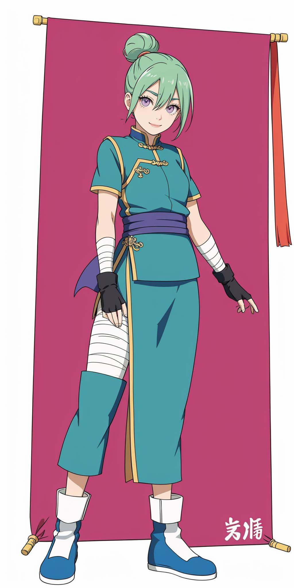 hezi,Naruto character design,headband, Character Design, animation art, quadratic, bright colors, 1girl, solo, purple eyes, smile, hair bun, single hair bun, green hair, looking at viewer, white background, full body, bandages, boots, simple background, standing, bandaged arm, bangs, short sleeves, black footwear, straight-on, clenched hands, closed mouth, sash, short hair, pants, vest, blue footwear, hair between eyes, wrist wrap, blue sash, sidelocks, fingerless gloves, arm wrap, chinese clothes, arms at sides<lora:火影人物设计2.0-000014:0.6>,
