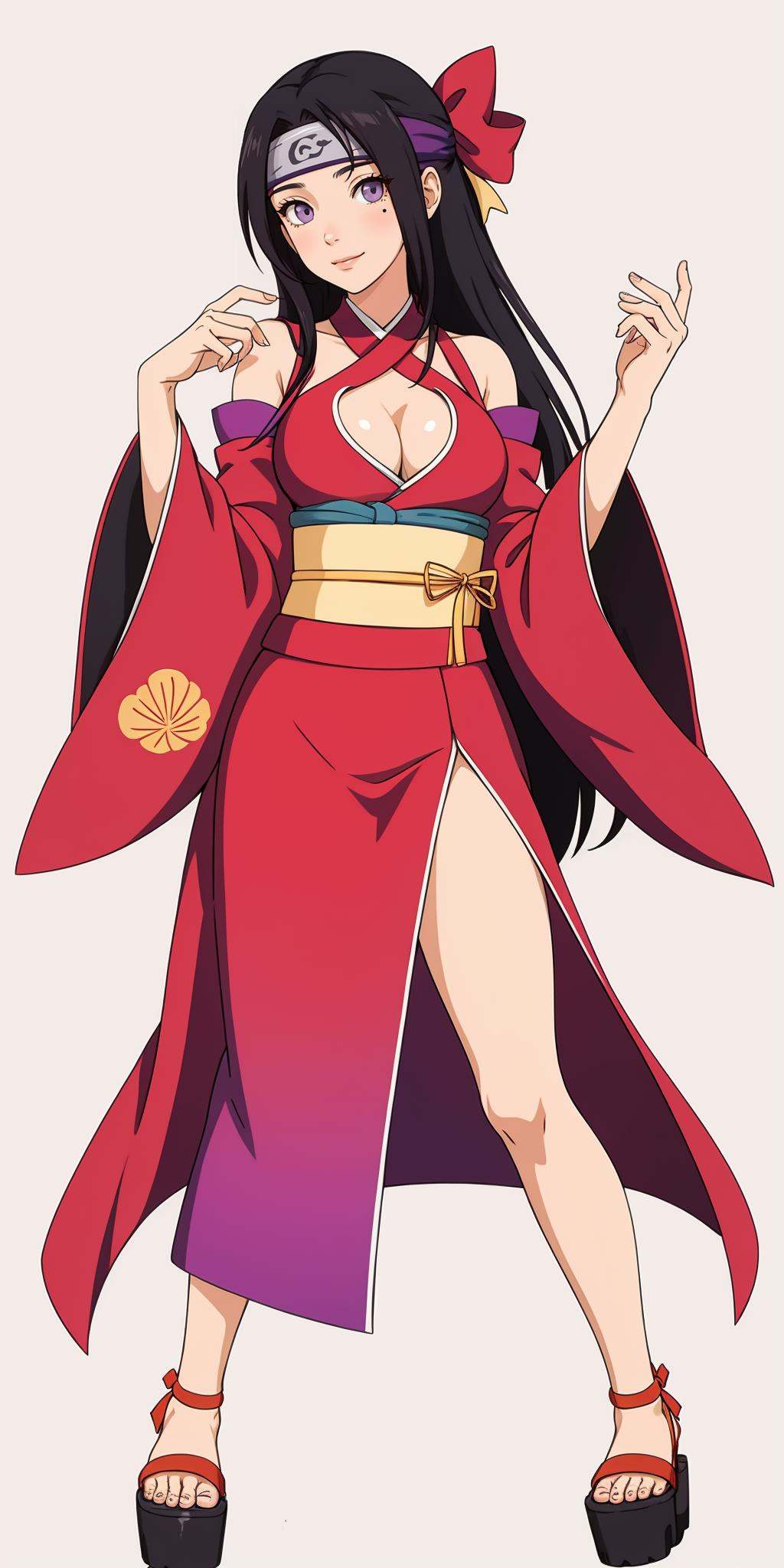 hezi,Naruto character design,(headband:1.3),Character Design, animation art, quadratic, bright colors, , 1girl, solo, long hair, purple eyes, breasts, smile, black hair, grey background, looking at viewer, detached sleeves, full body, blush, cleavage, simple background, closed mouth, dress, wide sleeves, bare shoulders, standing, medium breasts, sash, sandals, long sleeves, clothing cutout, bangs, side slit, pink dress, red dress, cleavage cutout, japanese clothes, mole, v, shiny, platform footwear, obi, very long hair, red sleeves, kimono, bra, hands up, toes, ribbon, legs, straight hair, shiny skin, pelvic curtain, ankle ribbon, purple dress<lora:火影人物设计2.0-000014:0.6>,