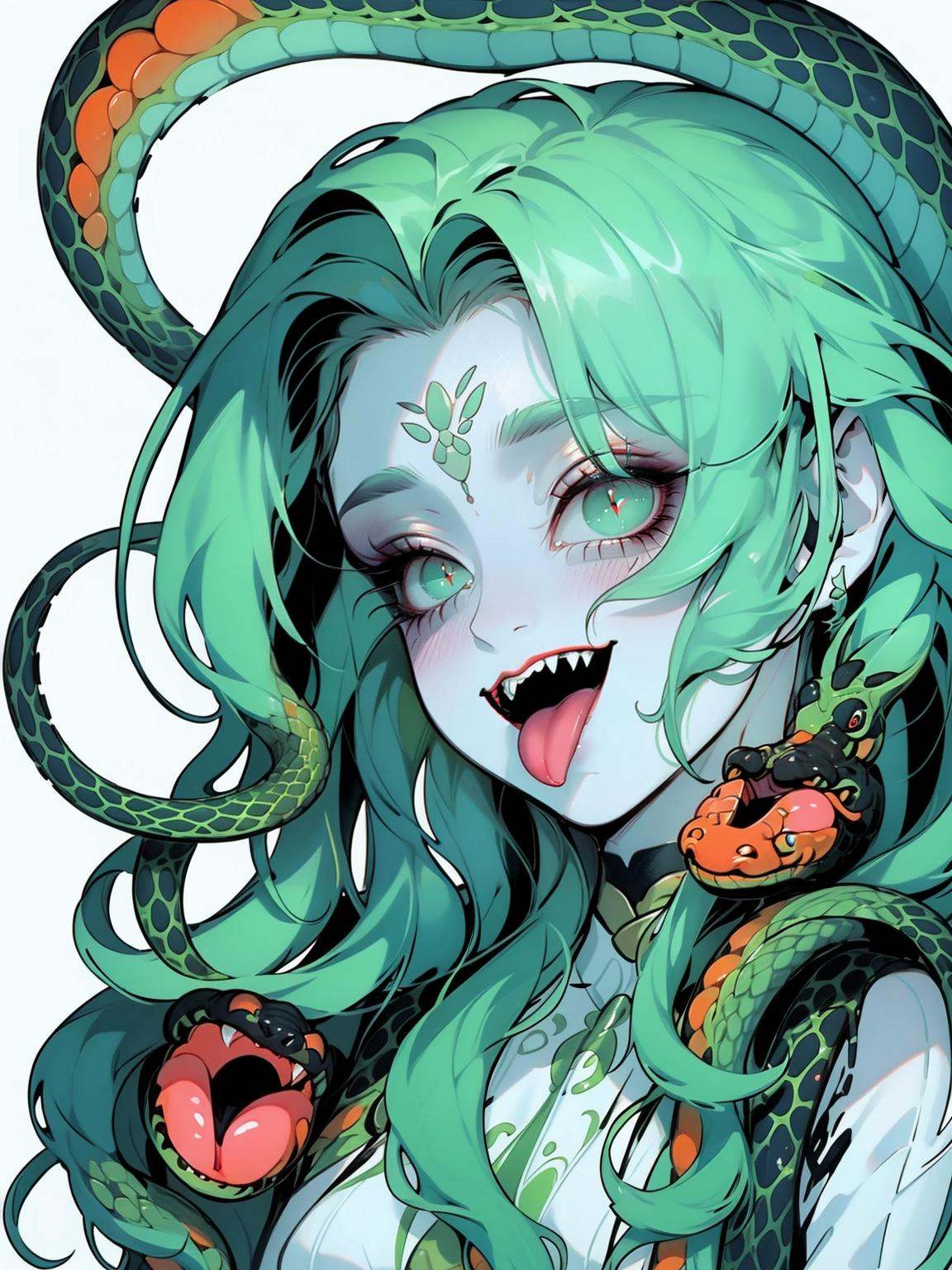 Year of the Snake illustration, Snake Man, atmosphere, 1girl, snake hair, tongue, forked tongue, open mouth, tongue out, long hair, solo, scales, snake, fangs, white background, looking at viewer, simple background, monster girl, red eyes, slit pupils, teeth, colored skin, wavy hair, upper body, green hair, blush, eyelashes, breasts, smile, sarashi, forehead jewel, grey skin, colored sclera<lora:蛇人3.0-000016:0.8>,