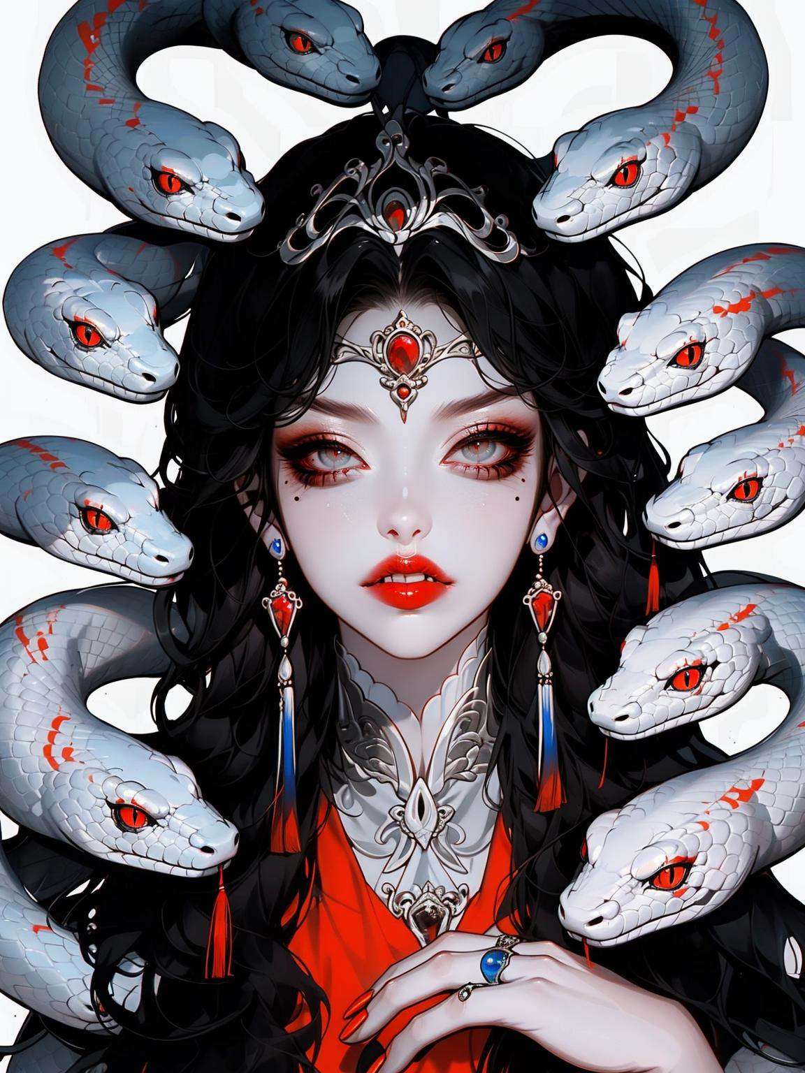 Year of the Snake illustration, Snake Man, atmosphere, 1girl, jewelry, snake, earrings, black hair, long hair, solo, white background, red lips, looking at viewer, parted lips, mole under eye, ring, red nails, portrait, simple background, mole, blue eyes, hair ornament, upper body, teeth, grey eyes, red gemstone, gem, makeup, tongue, red eyes, white snake, slit pupils, tiara<lora:蛇人3.0-000016:0.8>,