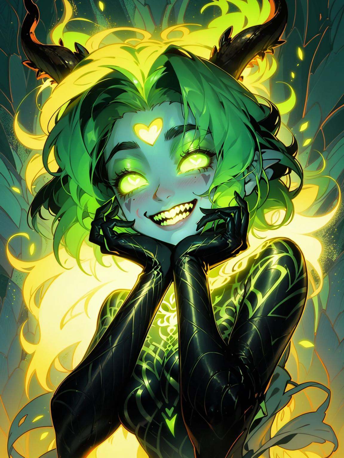 Year of the Snake illustration, Snake Man, atmosphere, 1girl, solo, smile, green eyes, horns, teeth, green theme, gloves, glowing, looking at viewer, heart, black gloves, green hair, green skin, glowing eyes, upper body, hands on own face, grin, facial mark, colored skin, sharp teeth, grey skin, forehead mark, hands on own cheeks, short hair, elbow gloves, fire, blush, breasts<lora:蛇人3.0-000016:0.8>,