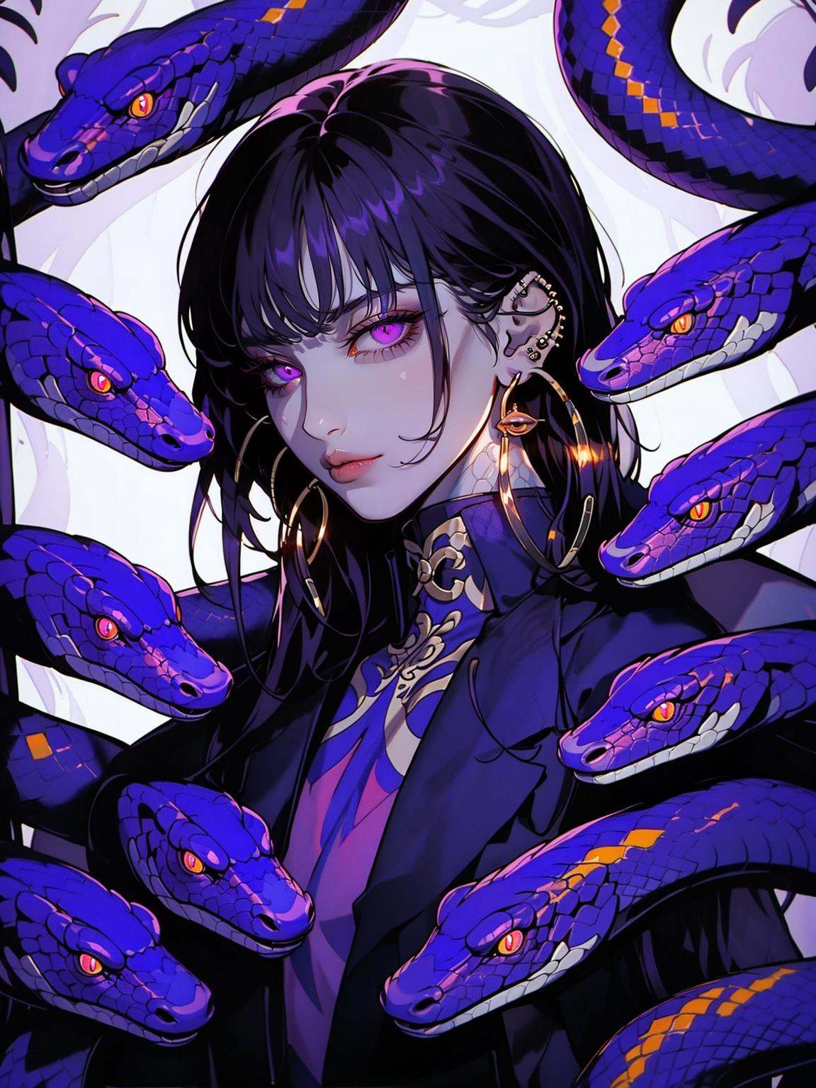 Year of the Snake illustration, Snake Man, atmosphere, 1girl, jewelry, earrings, snake, looking at viewer, black hair, purple eyes, solo, bangs, piercing, long hair, lips, closed mouth, hoop earrings, slit pupils, upper body, ear piercing, yellow eyes, glowing, jacket, black jacket, purple hair, animal,<lora:蛇人3.0-000016:0.8>,