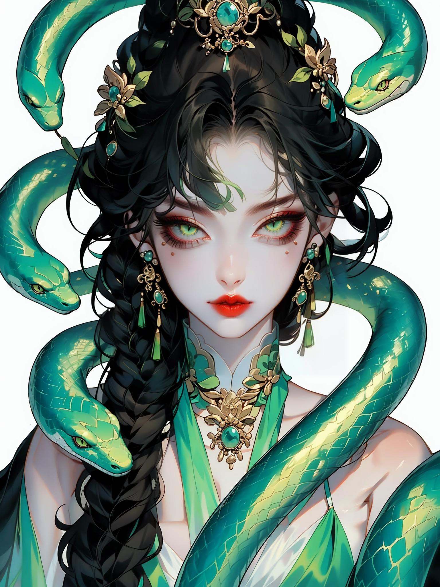 Year of the Snake illu20ation,Snake Man,atmosphere,1girl,jewelry,solo,hair ornament,black hair,earrings,snake,looking at viewer,chinese clothes,dress,green dress,white background,long hair,upper body,green eyes,simple background,closed mouth,red lips,braid,green hair,bangs,expressionless,hair bun,makeup,portrait,hair rings,<lora:蛇人3.0-000016:0.8>,