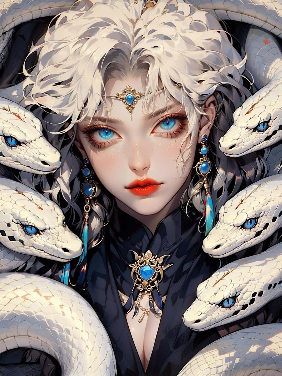 Year of the Snake illustration, Snake Man, atmosphere, 1girl, blue eyes, snake, jewelry, earrings, looking at viewer, white snake, white hair, long hair, solo, closed mouth, animal, realistic, slit pupils, gem, portrait, lips, circlet, red lips<lora:蛇人3.0-000016:0.8>,