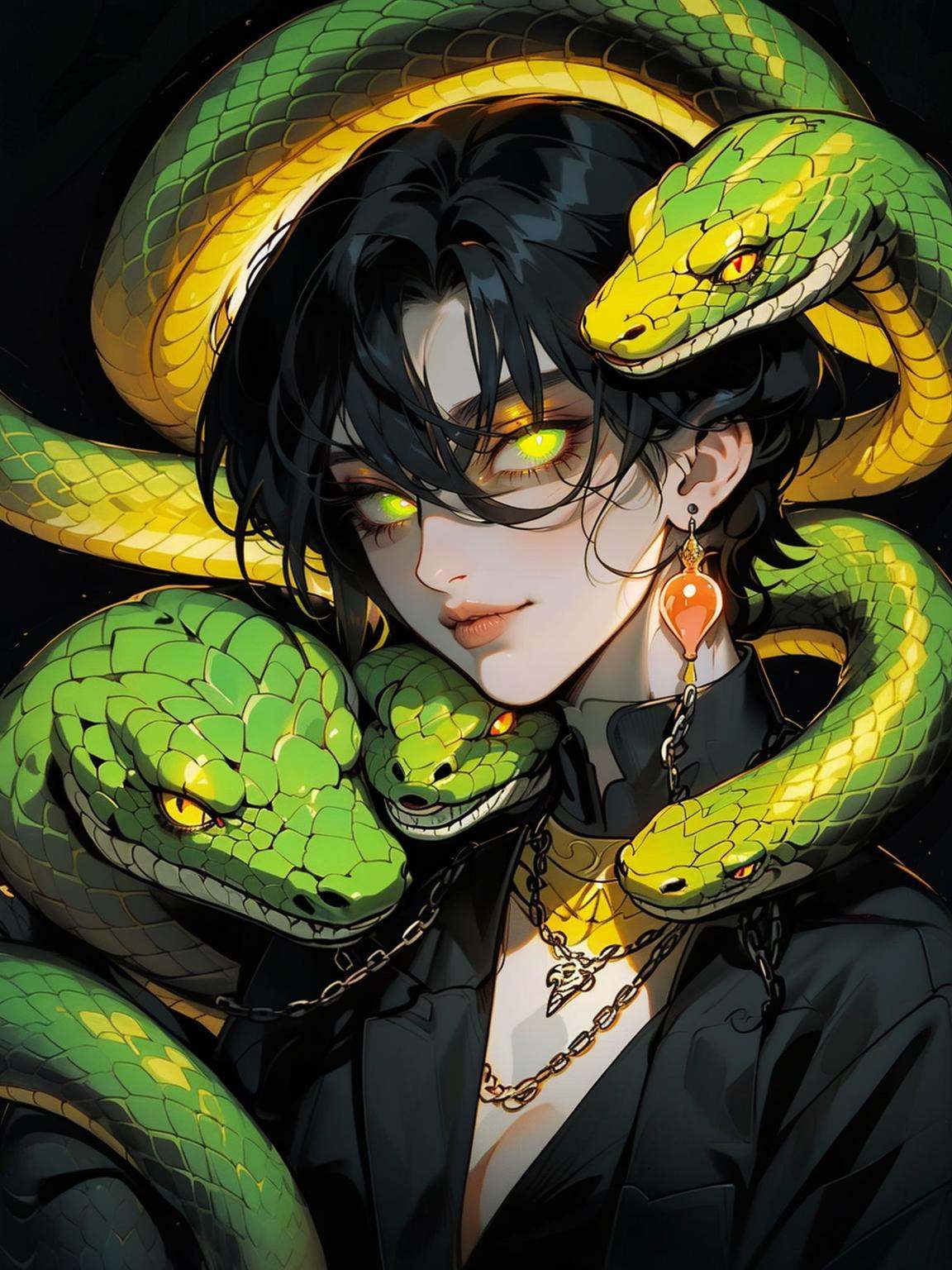 Year of the Snake illustration, Snake Man, atmosphere, 1boy, jewelry, male focus, green eyes, earrings, glowing, solo, glowing eyes, looking at viewer, short hair, black background, chain, simple background, snake, black hair, gem, parted lips, upper body, long sleeves, animal, bangs, hair between eyes, eyelashes, hand up, holding, smile, shirt, necklace, scales, black jacket,<lora:蛇人3.0-000016:0.8>,