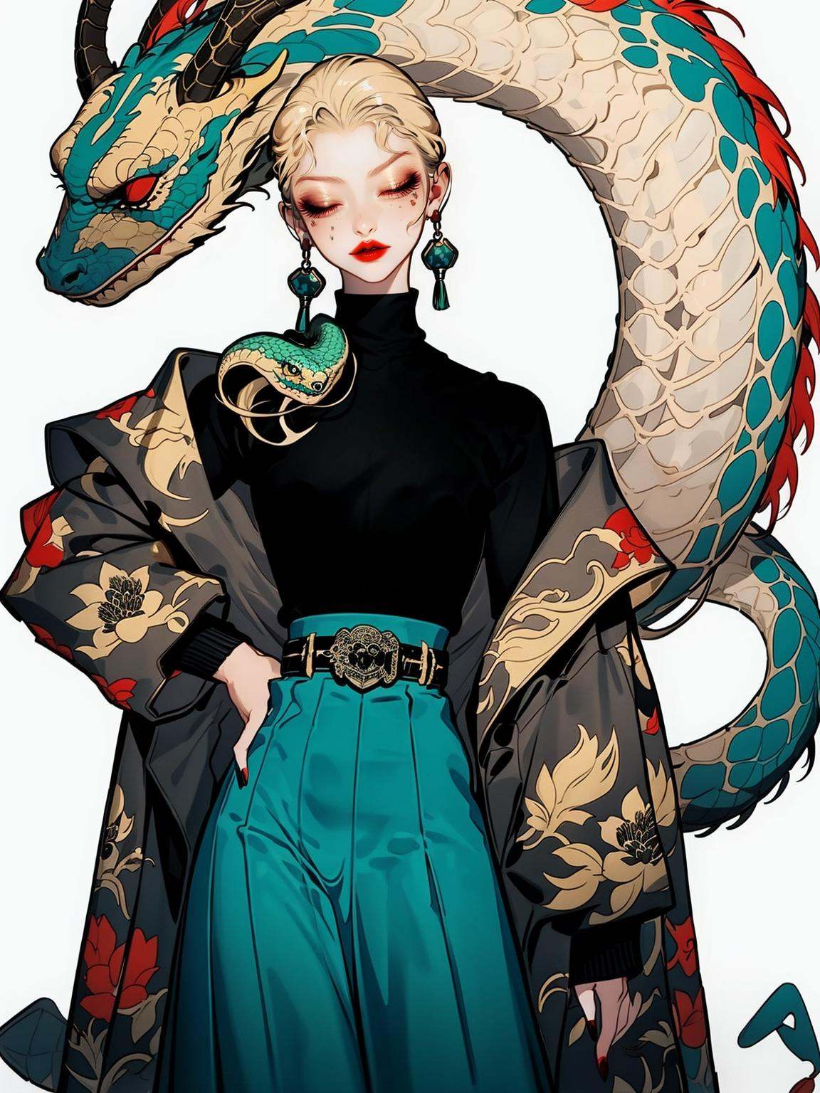 Year of the Snake illustration, Snake Man, atmosphere, 1girl, dragon, jewelry, earrings, skirt, closed eyes, eastern dragon, aqua skirt, solo, white background, shirt, black shirt, blonde hair, long sleeves, long skirt, simple background, makeup, belt, hand on hip, red lips, turtleneck, feet out of frame, green skirt, off shoulder, red nails, sweater, standing, eyelashes, floral print, cowboy shot, horns, facing viewer, print jacket, eyeshadow, tassel earrings, black sweater,<lora:蛇人3.0-000016:0.8>,