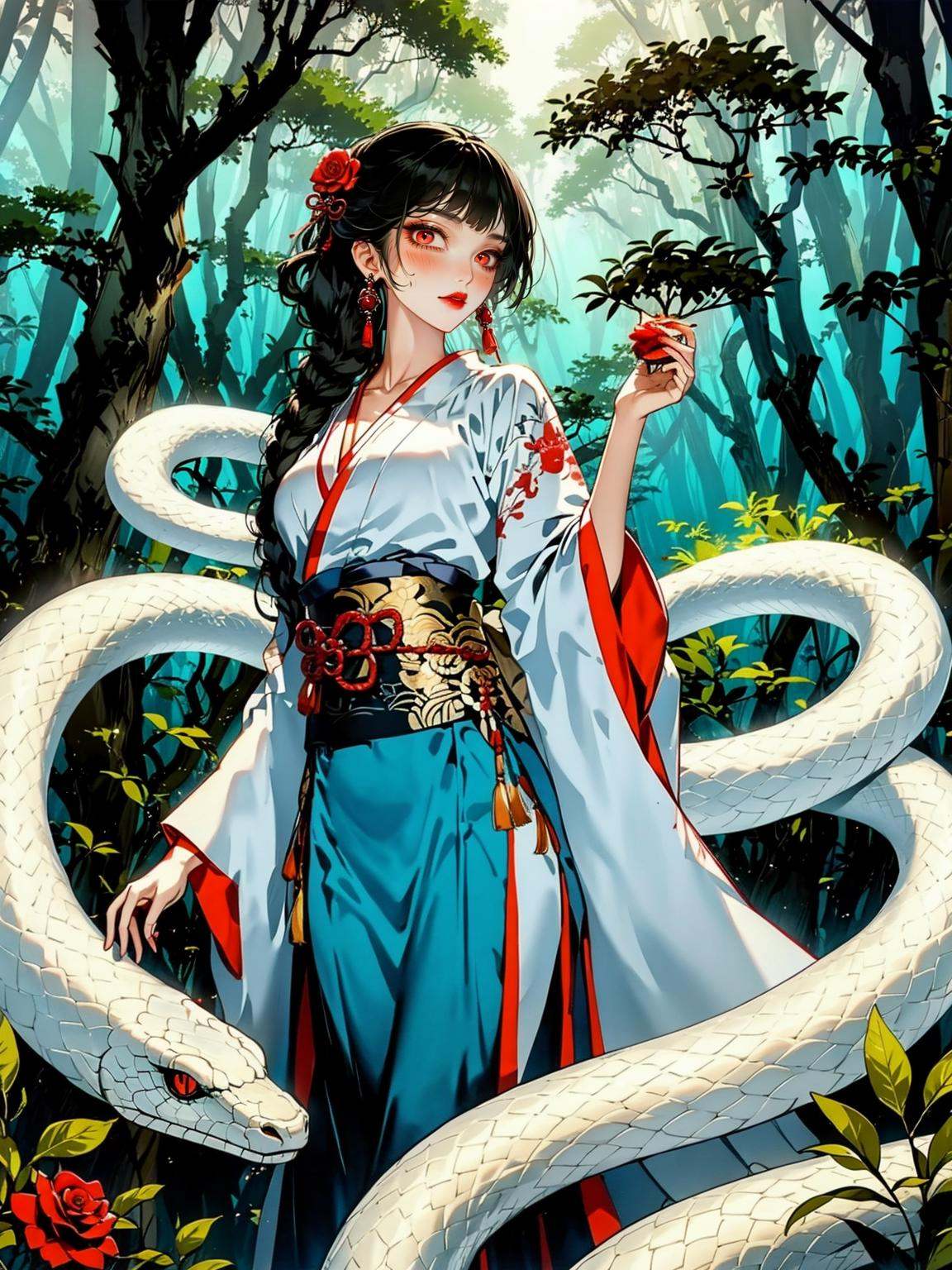 Year of the Snake illustration, Snake Man, atmosphere, 1girl, braid, flower, hair ornament, long hair, black hair, nature, hair flower, red flower, forest, bug, snake, earrings, parted lips, outdoors, holding, butterfly, long sleeves, tree, sash, wide sleeves, jewelry, fruit, solo, holding food, food, bangs, holding fruit, hand up, rose, red eyes, day, chinese clothes, red rose, breasts, skirt, looking at viewer, standing, tassel, japanese clothes, single braid, animal, white snake, braided ponytail, collarbone, red lips, obi, blush, cowboy shot, feet out of frame, scales<lora:蛇人3.0-000016:0.8>,