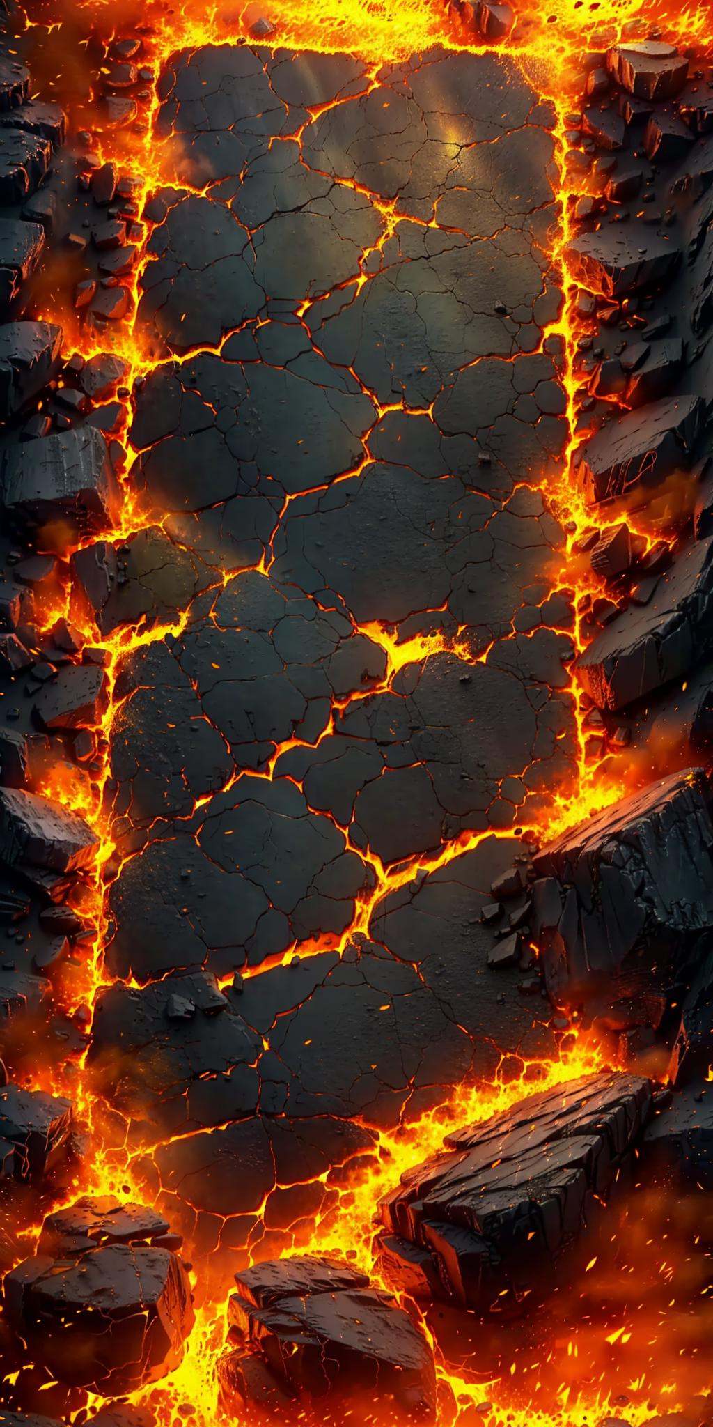 HEZI, 3d vertical scene, game scene, vertical game, fire, no humans, rock, from above, scenery, lava, outdoors, burning, orange theme, solo,<lora:3d竖版场景-000014:0.8>,