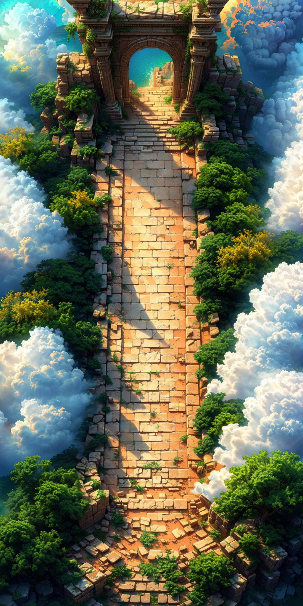 HEZI, 3d vertical scene, game scene, vertical game, no humans, cloud, scenery, sky, outdoors, day, tree, blue sky, arch, stairs, cloudy sky, ruins, fantasy, stone wall, plant, nature, moss, sunlight, pillar,<lora:3d竖版场景-000014:0.8>,
