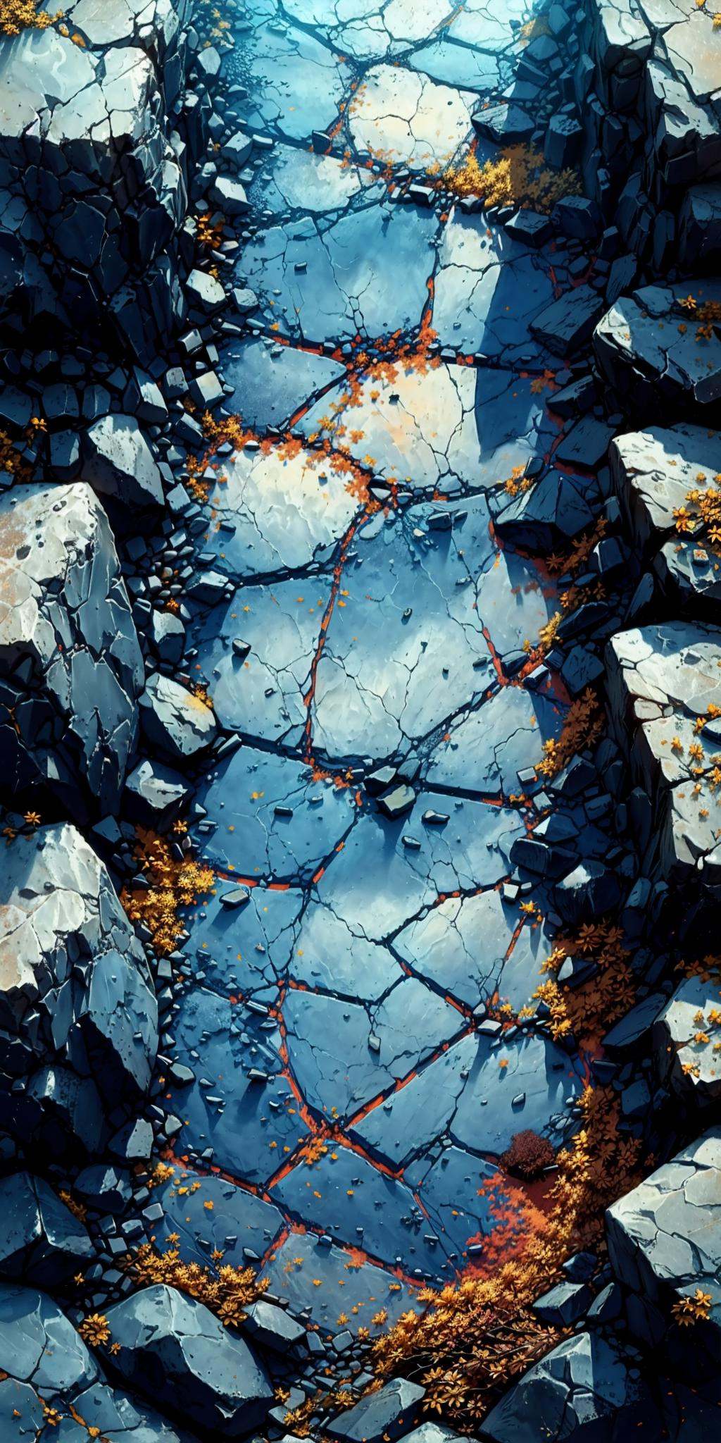 HEZI,3d vertical scene,game scene,vertical game,no humans,scenery,rock,from above,outdoors,autumn leaves,traditional media,cracked floor,crack,<lora:3d竖版场景-000014:0.8>,