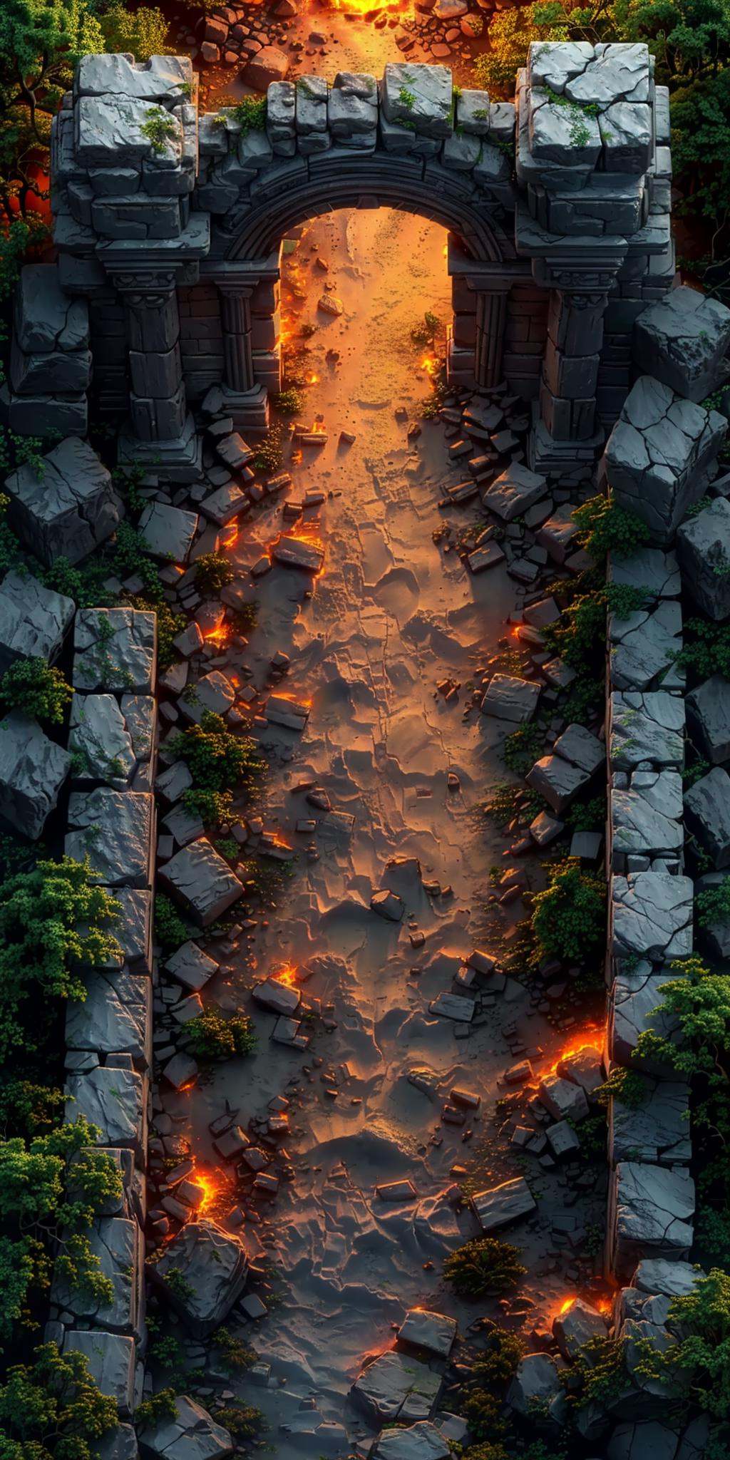 HEZI, 3d vertical scene, game scene, vertical game, scenery, no humans, fire, ruins, outdoors, lava, rock, tree, plant, fantasy, arch,<lora:3d竖版场景-000014:0.8>,