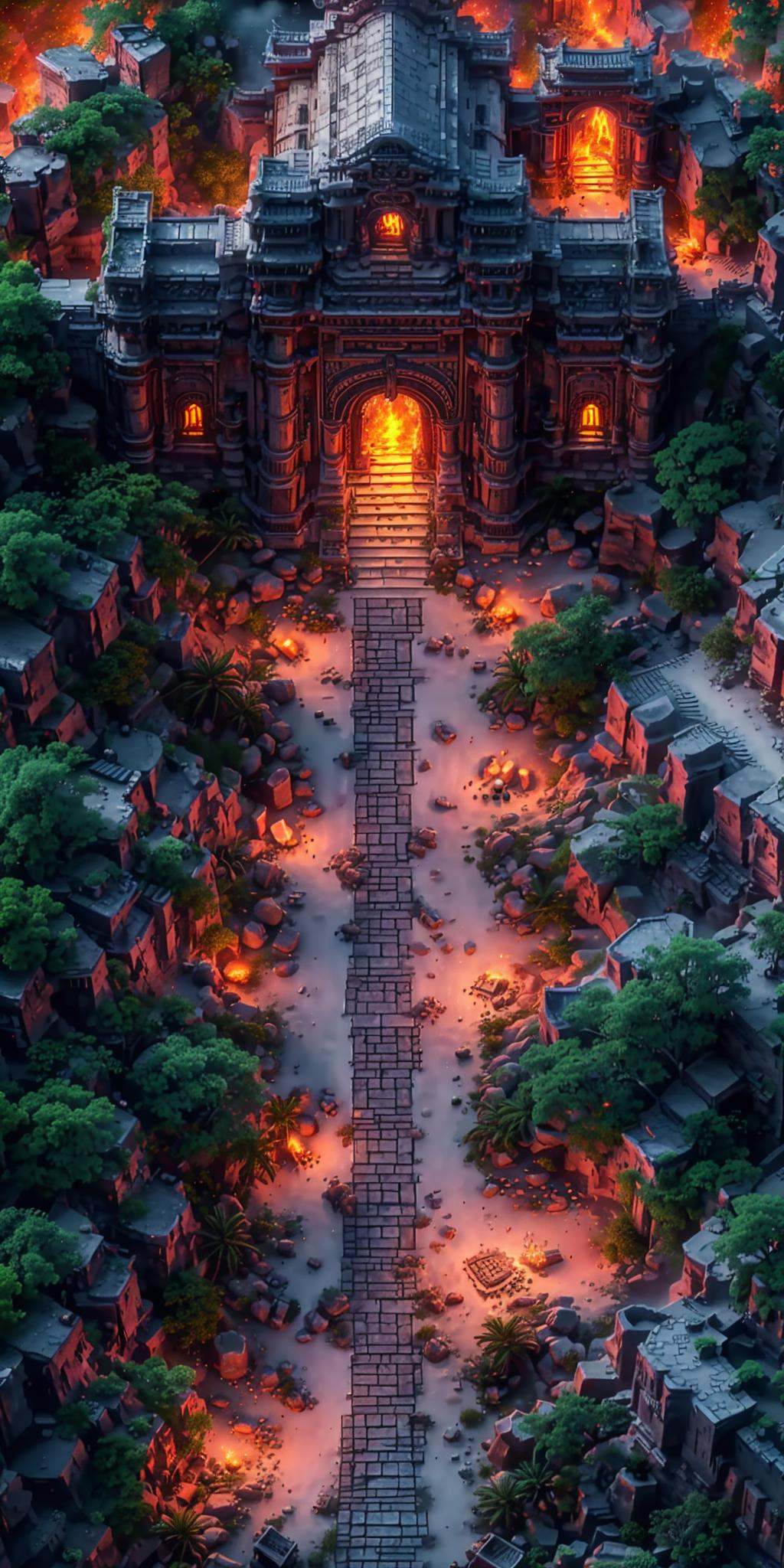 HEZI,3d vertical scene,game scene,vertical game,scenery,tree,stairs,no humans,architecture,outdoors,fire,building,plant,lantern,rock,smoke,fantasy,east asian architecture,<lora:3d竖版场景-000014:0.8>,