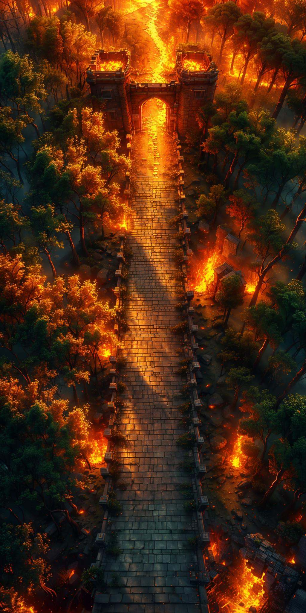 HEZI,3d vertical scene,game scene,vertical game,scenery,no humans,tree,fire,stairs,forest,outdoors,nature,path,architecture,road,building,autumn,<lora:3d竖版场景-000014:0.8>,