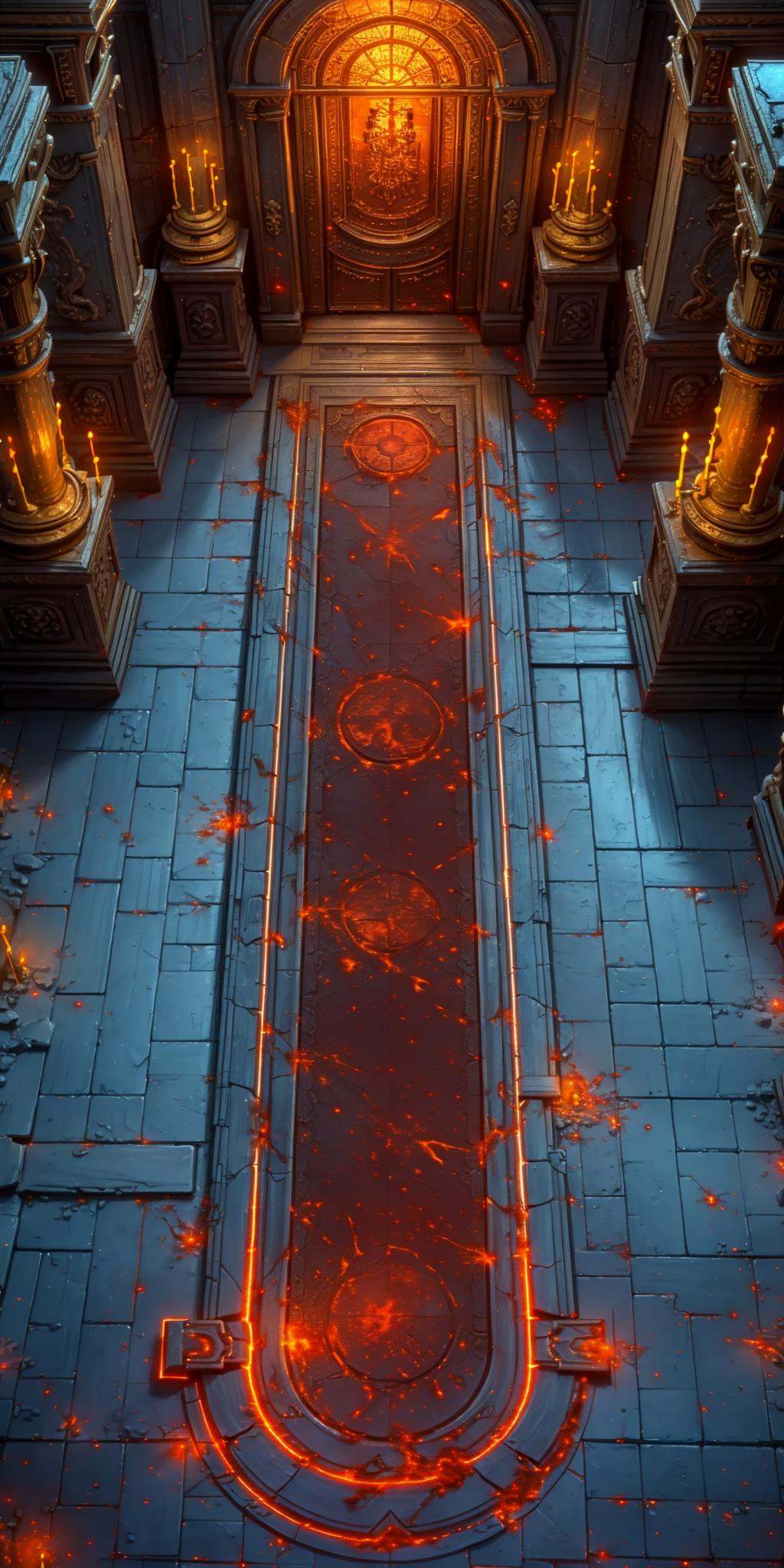 HEZI,3d vertical scene,game scene,vertical game,no humans,scenery,pillar,door,candle,indoors,arch,stone floor,stairs,tile floor,fire,tiles,fantasy,blood,light particles,window,<lora:3d竖版场景-000014:0.8>,