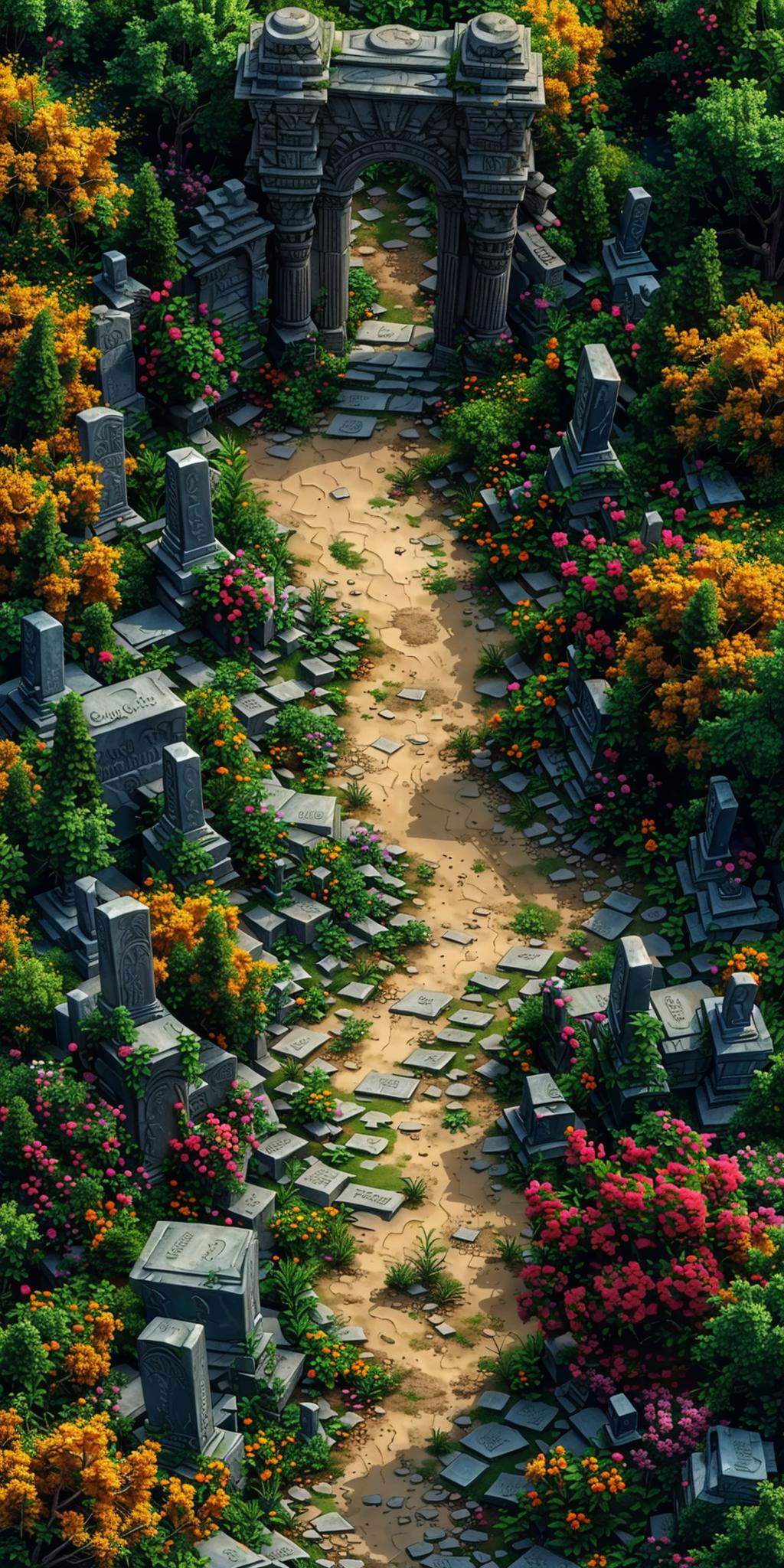 HEZI, 3d vertical scene, game scene, vertical game, no humans, scenery, flower, outdoors, cobblestone, grass, path, bush, tombstone, stone floor, from above, plant, garden, red flower, stairs, ruins, day, road,<lora:3d竖版场景-000014:0.8>,