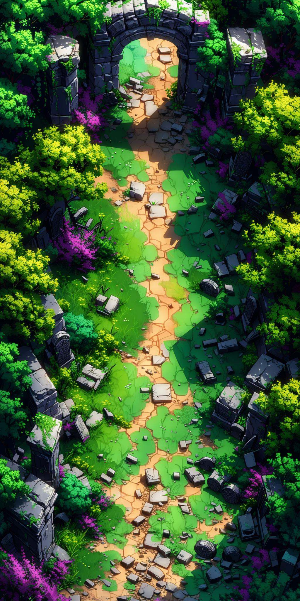 HEZI, 3d vertical scene, game scene, vertical game, scenery, no humans, ruins, outdoors, overgrown, flower, plant, rock, grass, from above, nature, rubble, tree, moss<lora:3d竖版场景-000014:0.8>,