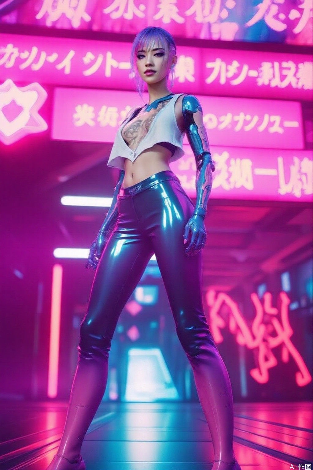 Cyberpunk - Yoyogi
The image depicts a futuristic
neon-lit environment with vibrant pink and blue lighting. A character stands confidently in the foreground
wearing a white cropped top with a cut-out design revealing a tattoo on the chest. The character is dressed in shiny black pants and blue gloves
with a robotic arm visible on one arm. The background features neon signs with Japanese characters

