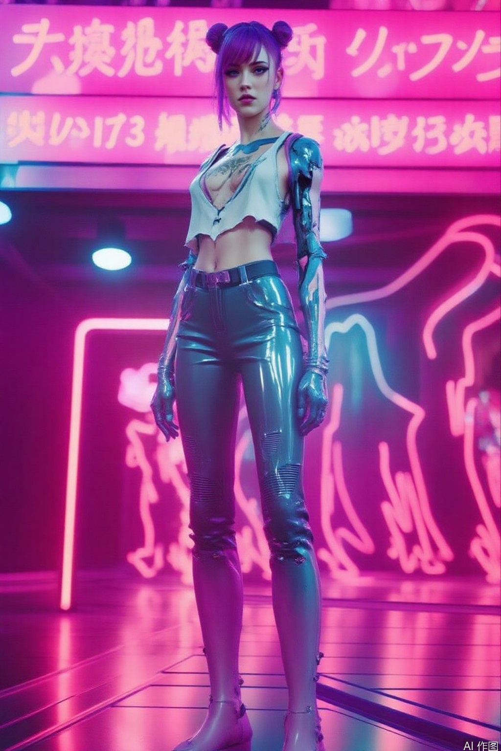 Cyberpunk - Yoyogi
The image depicts a futuristic
neon-lit environment with vibrant pink and blue lighting. A character stands confidently in the foreground
wearing a white cropped top with a cut-out design revealing a tattoo on the chest. The character is dressed in shiny black pants and blue gloves
with a robotic arm visible on one arm. The background features neon signs with Japanese characters

