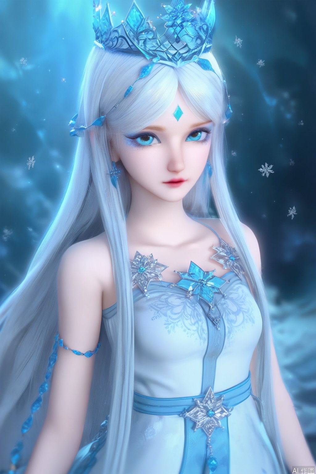 score_9,score_8_up,score_7_up,1girl,solo,long hair,looking at viewer,blue eyes,dress,bare shoulders,jewelry,white hair,white dress,blue dress,crown,snowflakes,upper body,