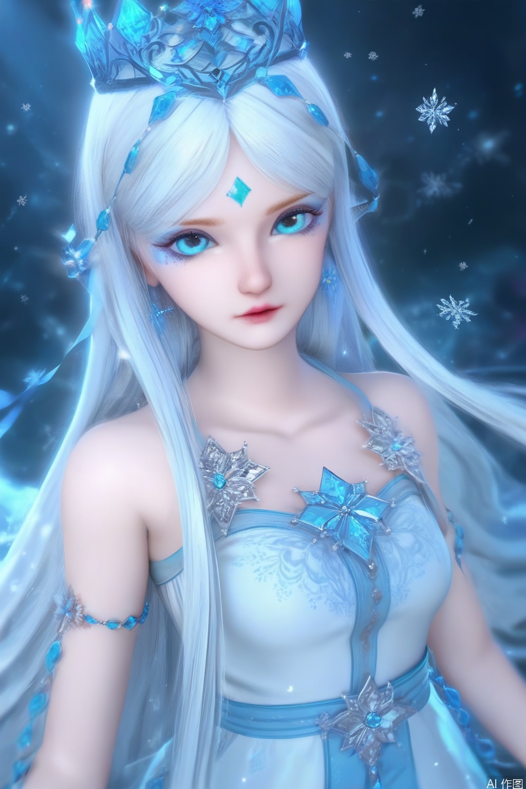 score_9,score_8_up,score_7_up,1girl,solo,long hair,looking at viewer,blue eyes,dress,bare shoulders,jewelry,white hair,white dress,blue dress,crown,snowflakes,upper body,