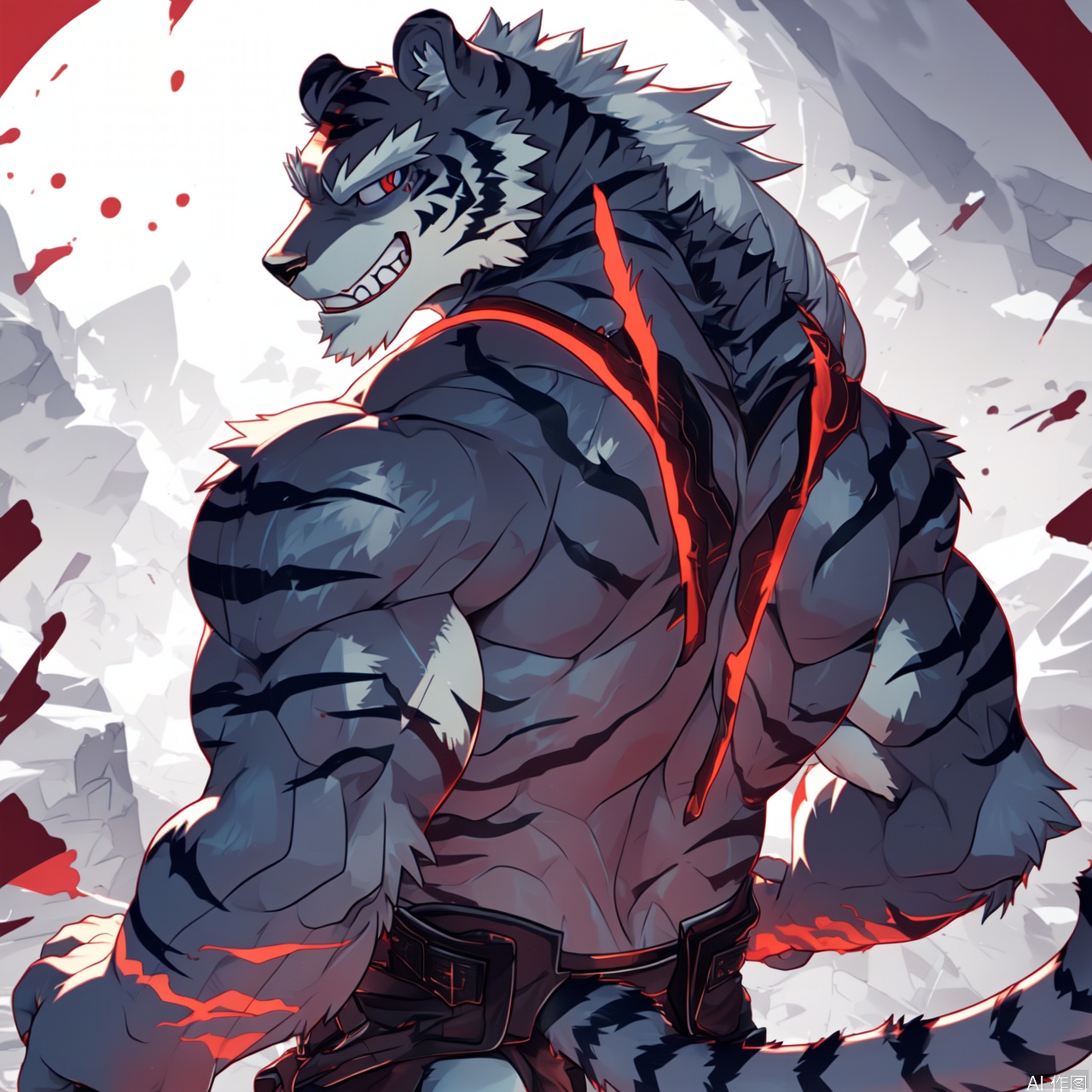 solo, long hair, looking at viewer, smile, red eyes, 1boy, animal ears, tail, ass, male focus, blood, teeth, looking back, from behind, grin, sexy, muscular, back, muscular male, bara, furry, furry male, tiger ears, tiger tail, tiger boy, tiger stripes,character:PangSP