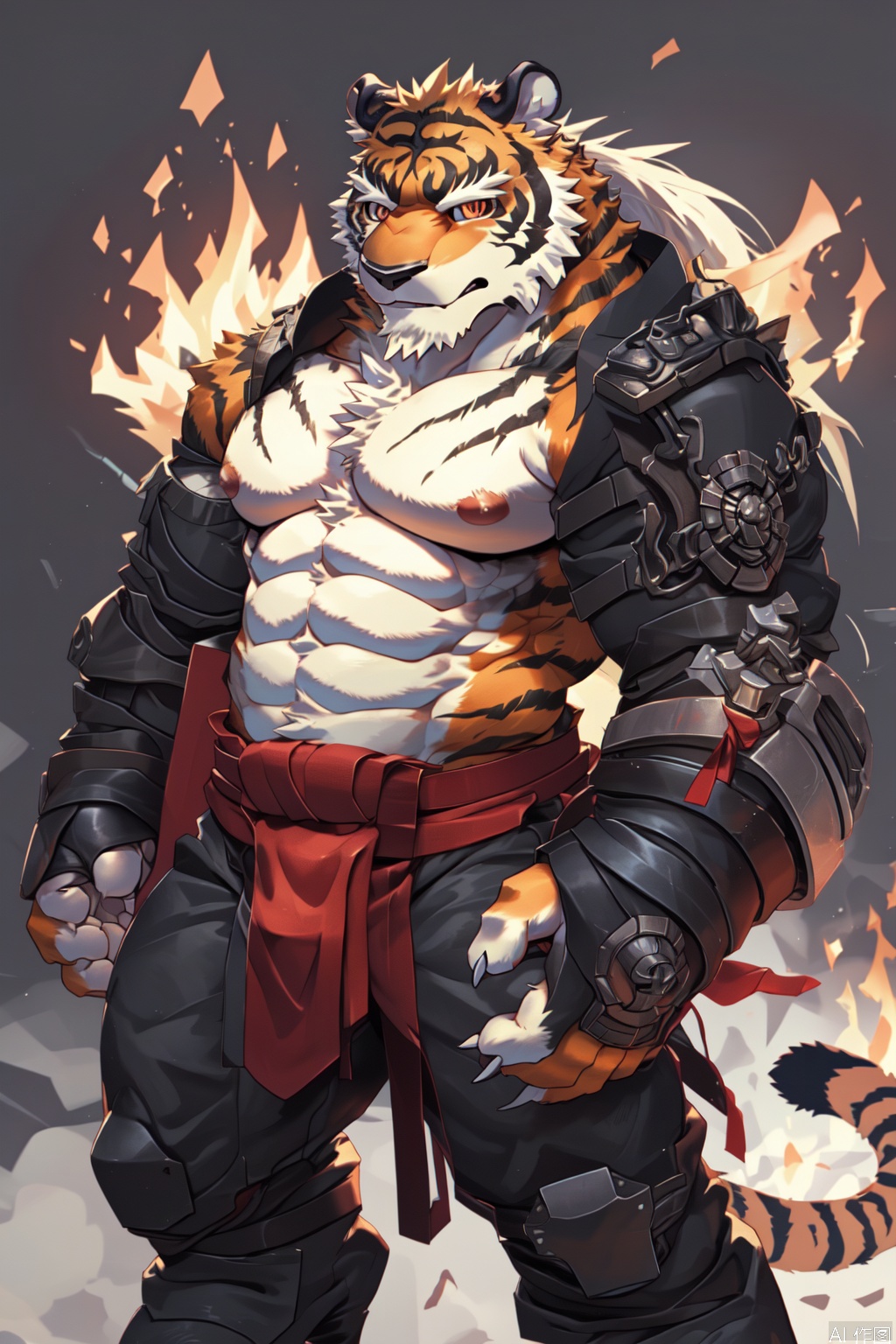 solo, long hair, looking at viewer, 1boy, navel, animal ears, nipples, tail, full body, ponytail, male focus, thighs, chinese clothes, open clothes, alternate costume, stomach, armor, orange eyes, muscular, facial hair, thick thighs, abs, fire, pectorals, muscular male, shoulder armor, bara, pelvic curtain, furry, large pectorals, pauldrons, sarashi, mature male, japanese armor, furry male, tiger ears, open kimono, bare pectorals, tiger tail, pectoral cleavage, brown fur, two-tone fur, hadanugi dousa, tiger boy, orange fur,character:Pang