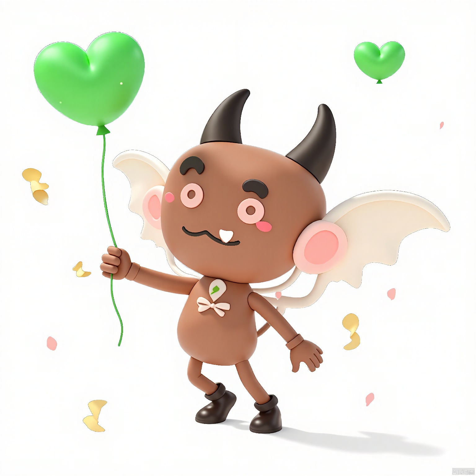 QQYS, A digital depiction of a playful, mischievous imp with tiny wings. The imp darts around, clutching a green heart balloon in its tiny hands. Its eyes are sparkling with mischief, and its grin is full of devilish charm. The background is a simple white, letting the imp's playful energy shine. The style is whimsical and mischievous, great for a playful Valentine's Day prank.
