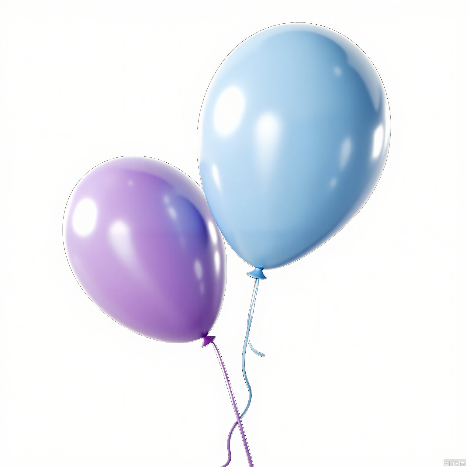 QQYS,Photograph of two balloons tied together with a curly ribbon,one balloon is purple and the other is blue. The balloons are shiny and reflective,with a smooth,glossy surface. The background is plain white,and the balloons are centered in the frame. The lighting is bright and even,highlighting the balloons' vibrant colors and their glossy texture. The image has a clean and minimalistic aesthetic.,
