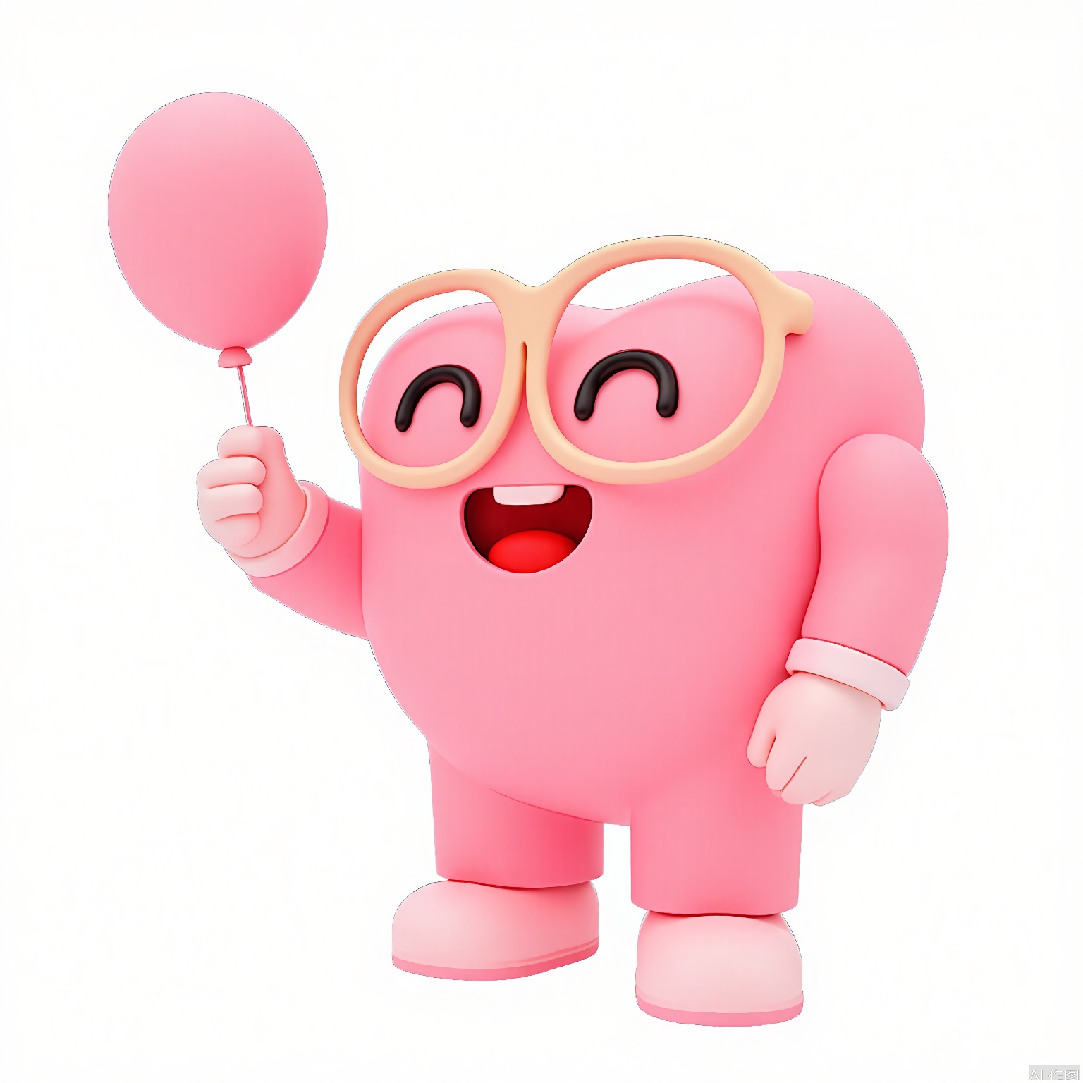 QQYS,A digital illustration of a cute,cartoonish pink heart character with a joyful expression. The heart has large,round eyes with black pupils,and a wide,smiling mouth. It is wearing large,round glasses and pink pants with white shoes. The character is holding a pink heart-shaped balloon in its right hand. The background is plain white. The style is simple and playful,with a clean,polished look. The character's design is reminiscent of a friendly,animated mascot.,
