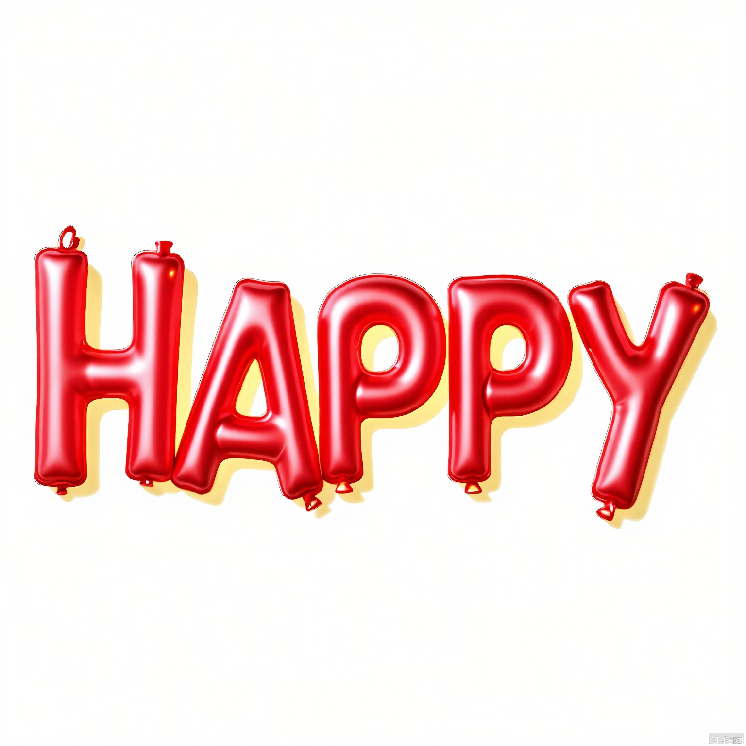 QQYS, A digital depiction of "HAPPY" crafted in shimmering, red, heart-shaped 3D balloon letters, hovering against a pristine white backdrop. The letters glow with a metallic finish, casting gentle reflections, making them warm and inviting. "HAPPY" is prominently placed in the center, with each letter evenly spaced. Soft shadows beneath the heart balloons lend a sense of dimension. The overall aesthetic is festive and joyful, emphasizing radiant, celebratory hues.
