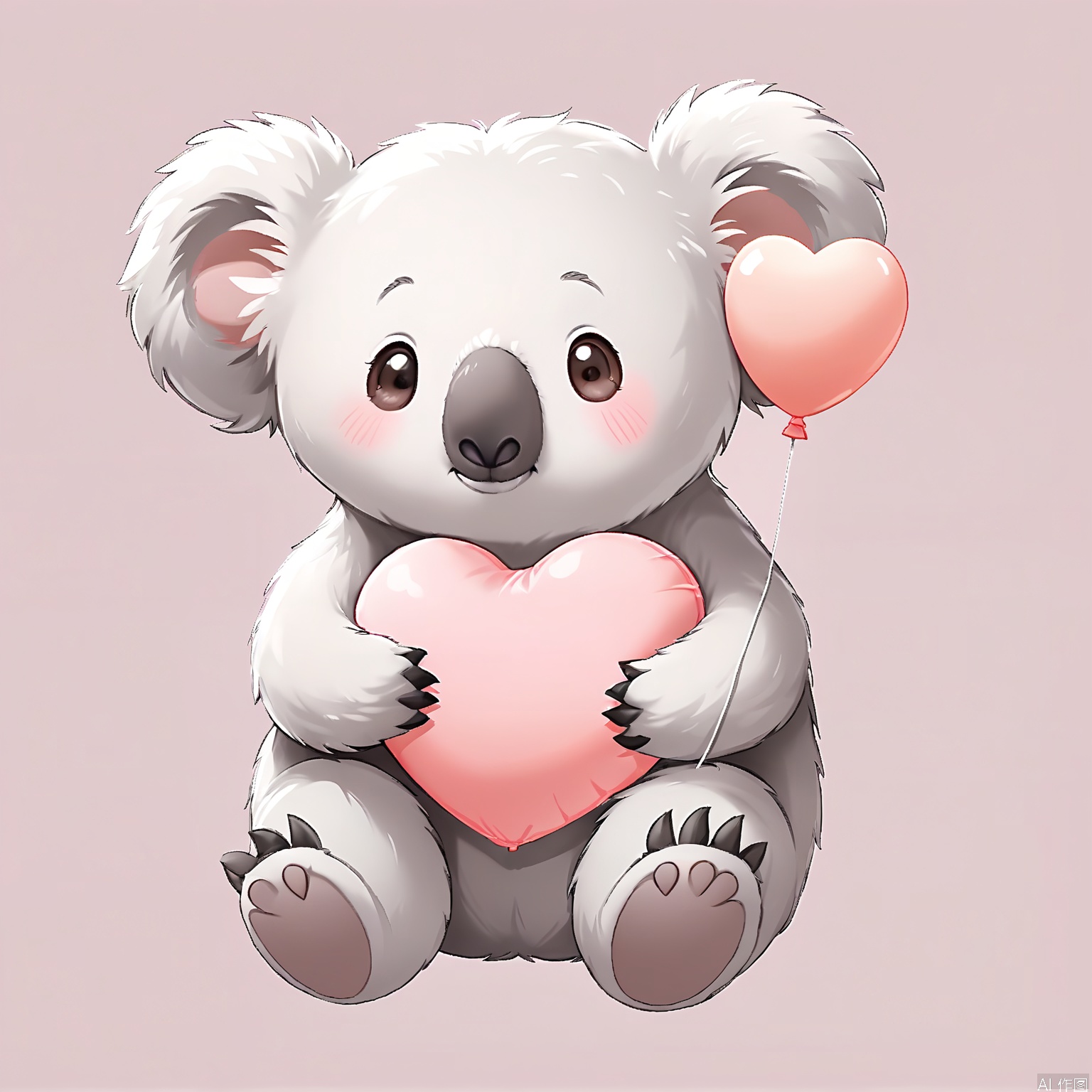 QQYS, A digital illustration of a cozy, koala-like creature with soft fur and curious eyes. The koala sits comfortably, hugging a large, pastel pink heart balloon to its chest. Its expression is warm and inviting, hinting at a friendly personality. The background is a plain white, creating a cozy and comforting atmosphere. The design is snuggly and heartwarming, perfect for a Valentine's Day cuddle.
