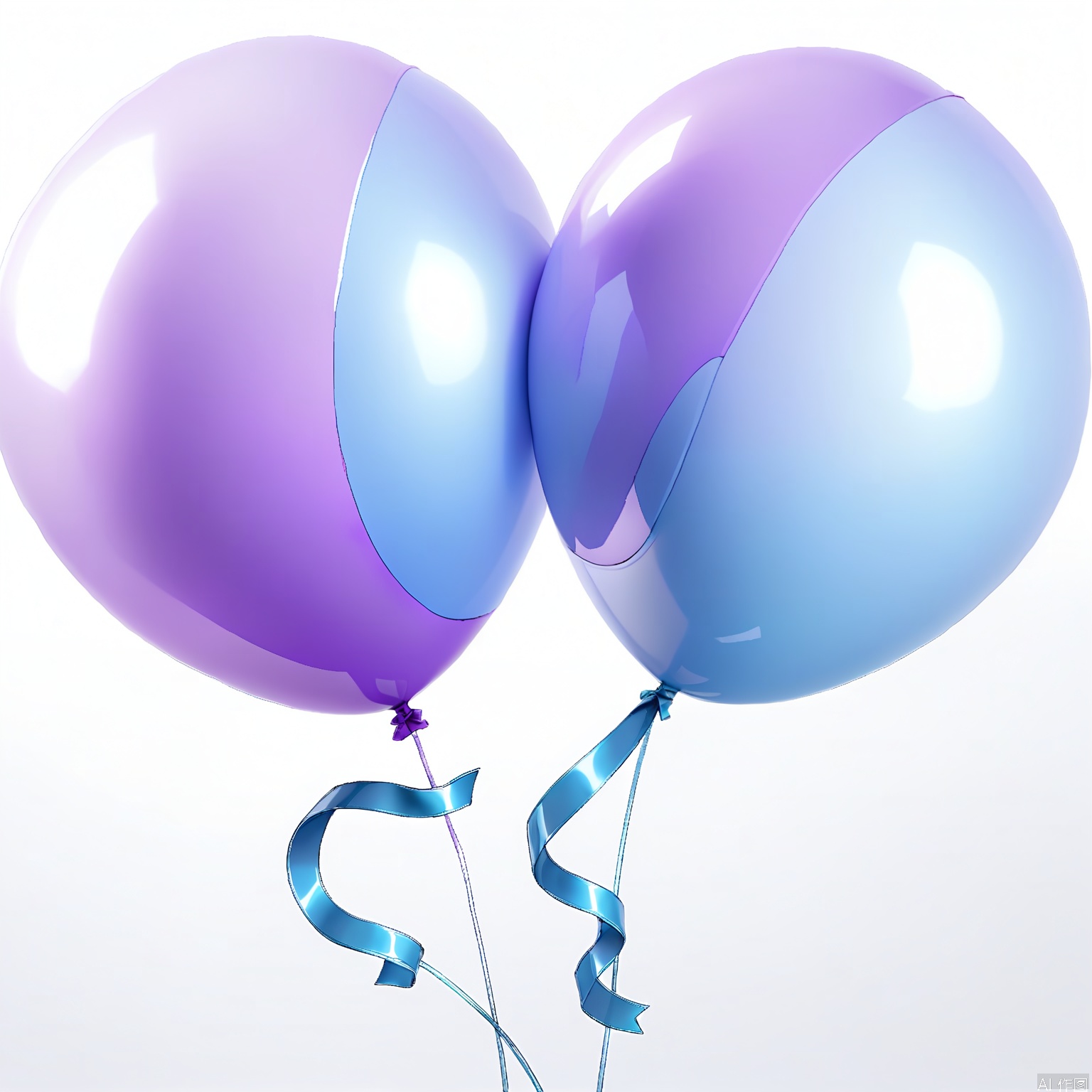 QQYS,Photograph of two balloons tied together with a curly ribbon,one balloon is purple and the other is blue. The balloons are shiny and reflective,with a smooth,glossy surface. The background is plain white,and the balloons are centered in the frame. The lighting is bright and even,highlighting the balloons' vibrant colors and their glossy texture. The image has a clean and minimalistic aesthetic.,
