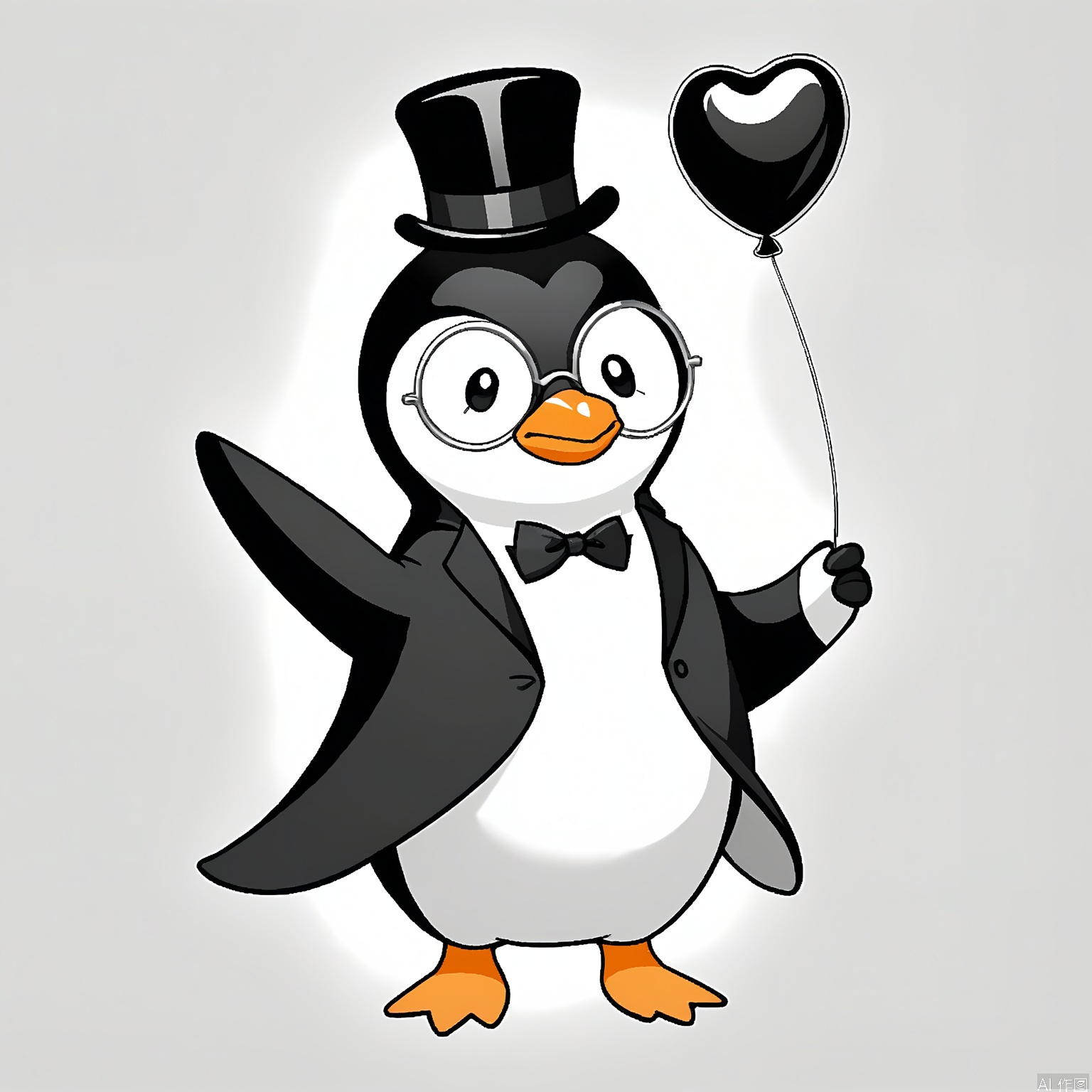 QQYS, A digital drawing of a sophisticated, penguin-like creature with elegant feathers and a monocle. The penguin stands tall, cradling a classic black and white heart balloon in its flipper. Its expression is regal and charming, hinting at a sophisticated personality. The background is a simple white, letting the penguin's elegant aura shine. The style is sophisticated and charming, ideal for an elegant Valentine's Day greeting.
