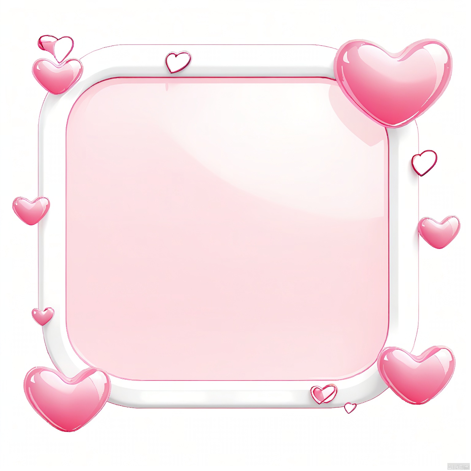 QQYS,Digital illustration of a white rectangular frame with a thick border,filled with a glossy white background. Surrounding the frame are various sizes of pink,heart-shaped bubbles,some larger and some smaller,creating a playful and romantic atmosphere. The hearts are shiny and reflective,with a smooth texture,and are scattered around the frame in a casual,whimsical manner. The background is white,providing a clean and simple contrast to the pink hearts. The overall aesthetic is light and airy,with a soft,romantic feel. The image has a 3D,almost holographic quality due to the reflective surfaces of the hearts.,
