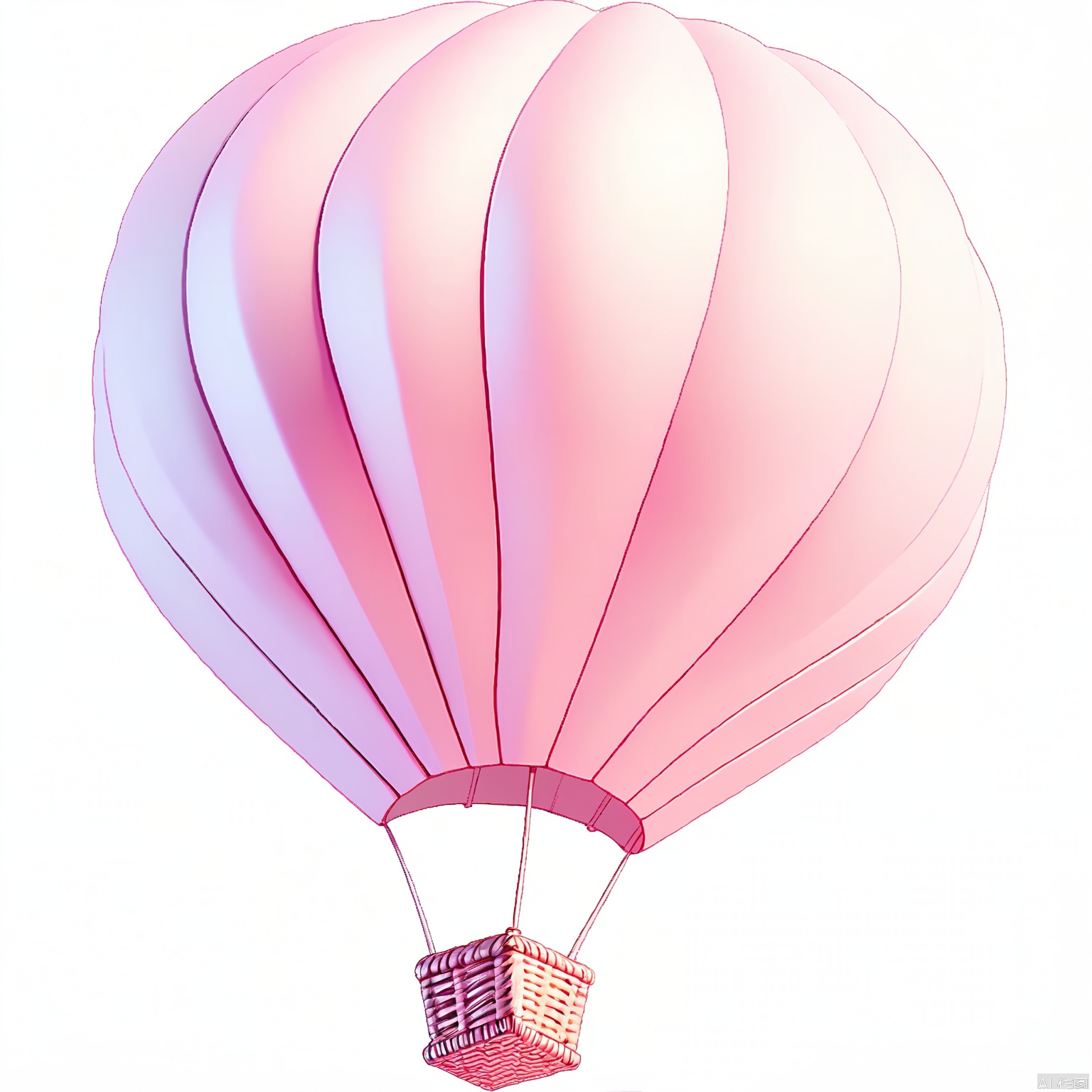 QQYS,A digital illustration of a hot air balloon in a soft,pastel pink color. The balloon has a smooth,shiny texture with gentle,wavy lines that give it a realistic yet stylized appearance. The basket at the bottom is also pink,with a simple,geometric pattern. The balloon is floating against a white background,giving it a clean,minimalist look. The style is whimsical and playful,with a gentle,warm color palette. The balloon appears to be in mid-air,with no visible ground or sky.,

