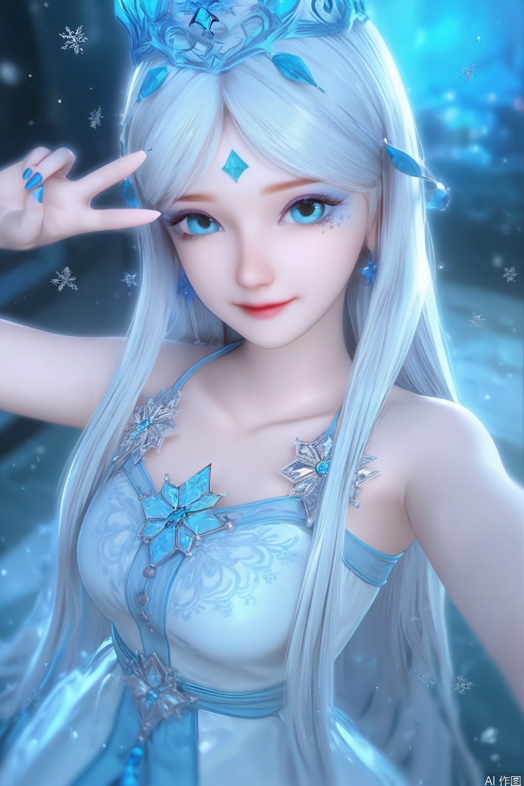 score_9,score_8_up,score_7_up,1girl,solo,long hair,looking at viewer,blue eyes,dress,bare shoulders,jewelry,white hair,white dress,blue dress,crown,snowflakes,upper body,Selfie,peace symbol ,happy,from above