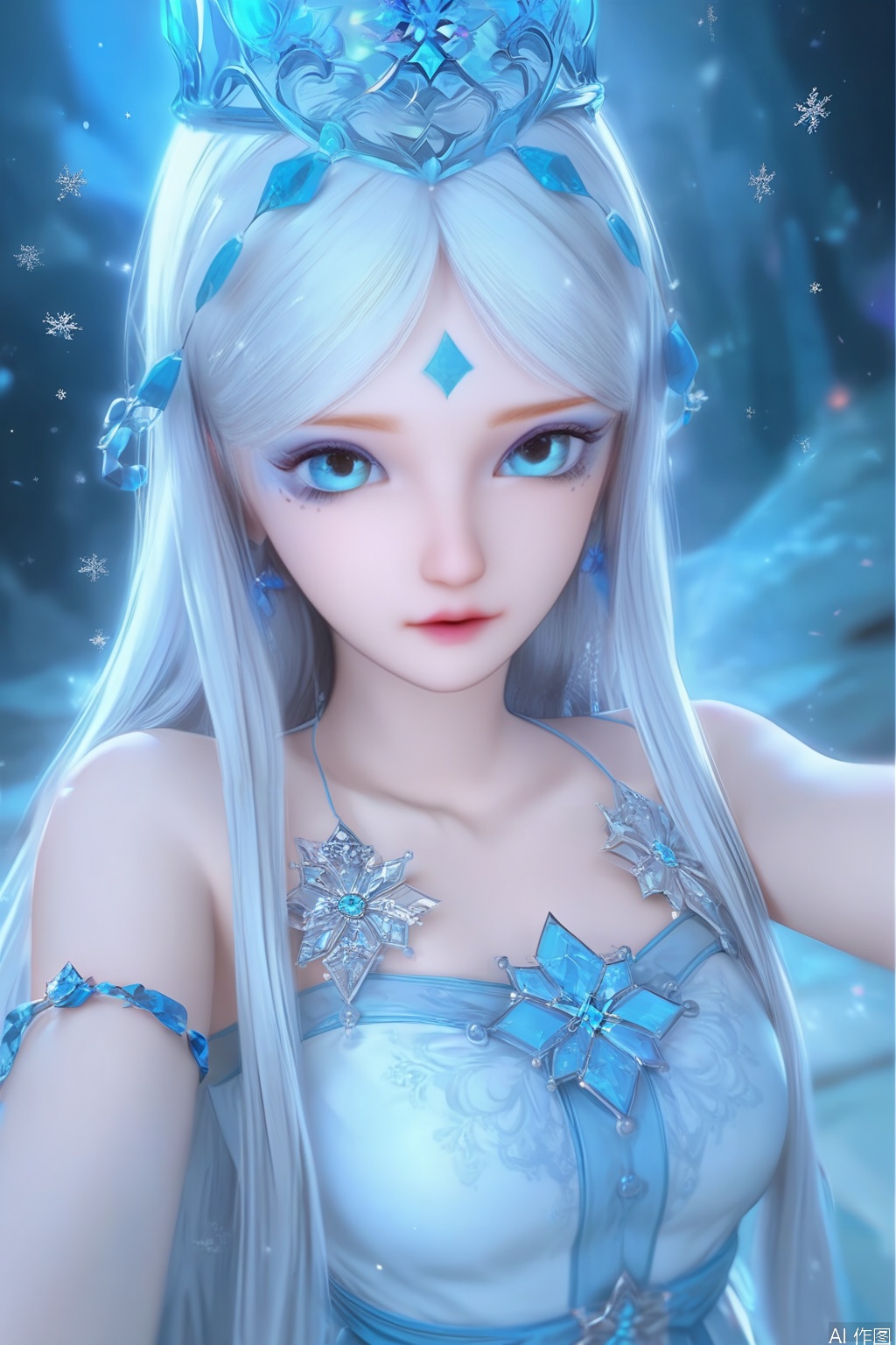 score_9,score_8_up,score_7_up,1girl,solo,long hair,looking at viewer,blue eyes,dress,bare shoulders,jewelry,white hair,white dress,blue dress,crown,snowflakes,upper body,Selfie