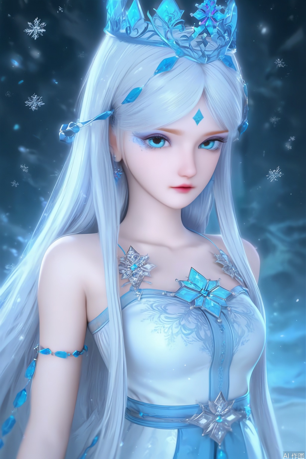 score_9,score_8_up,score_7_up,1girl,solo,long hair,looking at viewer,blue eyes,dress,bare shoulders,jewelry,white hair,white dress,blue dress,crown,snowflakes,upper body,