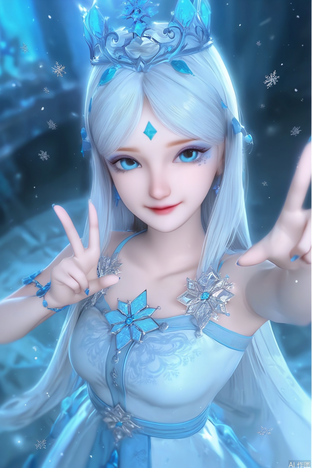 score_9,score_8_up,score_7_up,1girl,solo,long hair,looking at viewer,blue eyes,dress,bare shoulders,jewelry,white hair,white dress,blue dress,crown,snowflakes,upper body,Selfie,peace symbol ,happy,from above