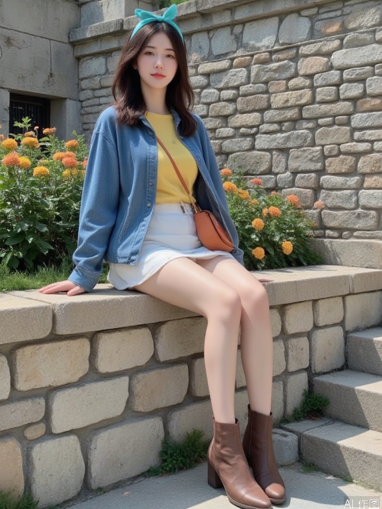 A young Asian woman sits casually on a weathered stone wall, her relaxed pose radiating a sense of calm and contentment. She has long, flowing hair that dances lightly in the breeze, secured with a vibrant turquoise headband. She wears a loose-fitting blue denim jacket over a bright yellow top, which adds a pop of color against her pale skin. The outfit is completed with a white mini skirt that contrasts softly with her well-worn brown ankle boots, giving off a playful yet edgy vibe. A small crossbody bag hangs at her side, colored in a rich orange that complements her overall look and suggests a carefree spirit. The setting is a serene outdoor space adorned with ancient stone walls, hinting at the remnants of a rustic village or an old town. The stonework exhibits a variety of hues ranging from pale beige to light gray, accentuated by earthy tones of moss and small patches of grass peeking through the cracks. This setting showcases a timeless charm and an inviting rustic feel. The light is soft and diffused, perhaps indicative of a late afternoon, casting gentle shadows that add depth to the scene. Sunlight filters through, creating an intimate atmosphere while enhancing the colors of the flowers nearby—subtle pops of orange and green accent the composition, adding vibrancy and life. In terms of color palettes, the scene is characterized by harmonious earthy tones—soft grays and browns of the stone, vibrant blues of her clothing, contrasted by warm yellows and oranges of the flowers. This palette elicits a feeling of warmth and tranquility, inviting the viewer to linger. The composition effectively leads the eye from the foreground, where her feet dangle, to her seated figure in the middle ground, and finally to the rustic stone wall in the background, creating layers that draw the viewer into this inviting scene. The overall mood is relaxed and nostalgic, reminiscent of carefree summer days, inspiring a sense of freedom and youthful exuberance.