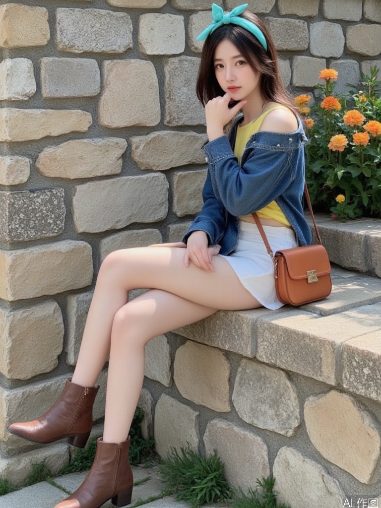 A young Asian woman sits casually on a weathered stone wall, her relaxed pose radiating a sense of calm and contentment. She has long, flowing hair that dances lightly in the breeze, secured with a vibrant turquoise headband. She wears a loose-fitting blue denim jacket over a bright yellow top, which adds a pop of color against her pale skin. The outfit is completed with a white mini skirt that contrasts softly with her well-worn brown ankle boots, giving off a playful yet edgy vibe. A small crossbody bag hangs at her side, colored in a rich orange that complements her overall look and suggests a carefree spirit. The setting is a serene outdoor space adorned with ancient stone walls, hinting at the remnants of a rustic village or an old town. The stonework exhibits a variety of hues ranging from pale beige to light gray, accentuated by earthy tones of moss and small patches of grass peeking through the cracks. This setting showcases a timeless charm and an inviting rustic feel. The light is soft and diffused, perhaps indicative of a late afternoon, casting gentle shadows that add depth to the scene. Sunlight filters through, creating an intimate atmosphere while enhancing the colors of the flowers nearby—subtle pops of orange and green accent the composition, adding vibrancy and life. In terms of color palettes, the scene is characterized by harmonious earthy tones—soft grays and browns of the stone, vibrant blues of her clothing, contrasted by warm yellows and oranges of the flowers. This palette elicits a feeling of warmth and tranquility, inviting the viewer to linger. The composition effectively leads the eye from the foreground, where her feet dangle, to her seated figure in the middle ground, and finally to the rustic stone wall in the background, creating layers that draw the viewer into this inviting scene. The overall mood is relaxed and nostalgic, reminiscent of carefree summer days, inspiring a sense of freedom and youthful exuberance.