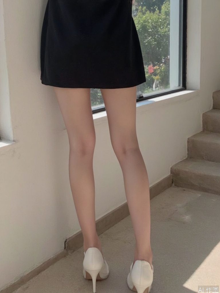 plns,a photo of long legs,lower body,flesh colored pantyhose,black dress,white high heels,sun light,luxury background,masterpiece,realistic,best quality,highly detailed,highres,cher