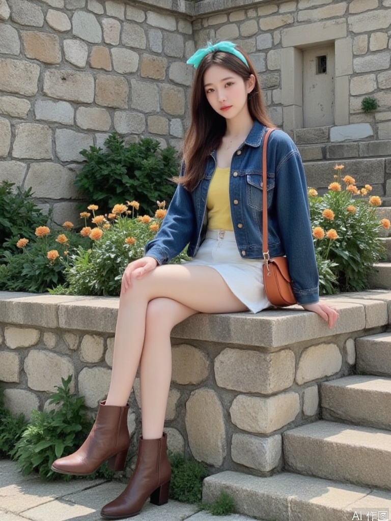 A young Asian woman sits casually on a weathered stone wall, her relaxed pose radiating a sense of calm and contentment. She has long, flowing hair that dances lightly in the breeze, secured with a vibrant turquoise headband. She wears a loose-fitting blue denim jacket over a bright yellow top, which adds a pop of color against her pale skin. The outfit is completed with a white mini skirt that contrasts softly with her well-worn brown ankle boots, giving off a playful yet edgy vibe. A small crossbody bag hangs at her side, colored in a rich orange that complements her overall look and suggests a carefree spirit. The setting is a serene outdoor space adorned with ancient stone walls, hinting at the remnants of a rustic village or an old town. The stonework exhibits a variety of hues ranging from pale beige to light gray, accentuated by earthy tones of moss and small patches of grass peeking through the cracks. This setting showcases a timeless charm and an inviting rustic feel. The light is soft and diffused, perhaps indicative of a late afternoon, casting gentle shadows that add depth to the scene. Sunlight filters through, creating an intimate atmosphere while enhancing the colors of the flowers nearby—subtle pops of orange and green accent the composition, adding vibrancy and life. In terms of color palettes, the scene is characterized by harmonious earthy tones—soft grays and browns of the stone, vibrant blues of her clothing, contrasted by warm yellows and oranges of the flowers. This palette elicits a feeling of warmth and tranquility, inviting the viewer to linger. The composition effectively leads the eye from the foreground, where her feet dangle, to her seated figure in the middle ground, and finally to the rustic stone wall in the background, creating layers that draw the viewer into this inviting scene. The overall mood is relaxed and nostalgic, reminiscent of carefree summer days, inspiring a sense of freedom and youthful exuberance.