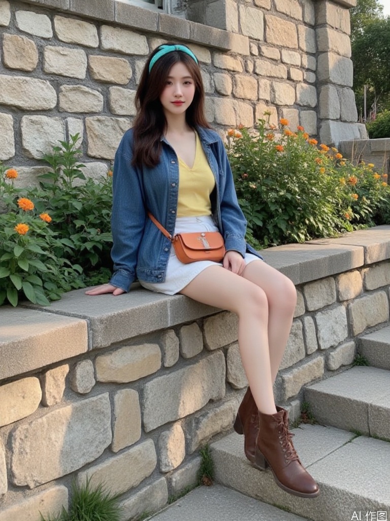 A young Asian woman sits casually on a weathered stone wall, her relaxed pose radiating a sense of calm and contentment. She has long, flowing hair that dances lightly in the breeze, secured with a vibrant turquoise headband. She wears a loose-fitting blue denim jacket over a bright yellow top, which adds a pop of color against her pale skin. The outfit is completed with a white mini skirt that contrasts softly with her well-worn brown ankle boots, giving off a playful yet edgy vibe. A small crossbody bag hangs at her side, colored in a rich orange that complements her overall look and suggests a carefree spirit. The setting is a serene outdoor space adorned with ancient stone walls, hinting at the remnants of a rustic village or an old town. The stonework exhibits a variety of hues ranging from pale beige to light gray, accentuated by earthy tones of moss and small patches of grass peeking through the cracks. This setting showcases a timeless charm and an inviting rustic feel. The light is soft and diffused, perhaps indicative of a late afternoon, casting gentle shadows that add depth to the scene. Sunlight filters through, creating an intimate atmosphere while enhancing the colors of the flowers nearby—subtle pops of orange and green accent the composition, adding vibrancy and life. In terms of color palettes, the scene is characterized by harmonious earthy tones—soft grays and browns of the stone, vibrant blues of her clothing, contrasted by warm yellows and oranges of the flowers. This palette elicits a feeling of warmth and tranquility, inviting the viewer to linger. The composition effectively leads the eye from the foreground, where her feet dangle, to her seated figure in the middle ground, and finally to the rustic stone wall in the background, creating layers that draw the viewer into this inviting scene. The overall mood is relaxed and nostalgic, reminiscent of carefree summer days, inspiring a sense of freedom and youthful exuberance.