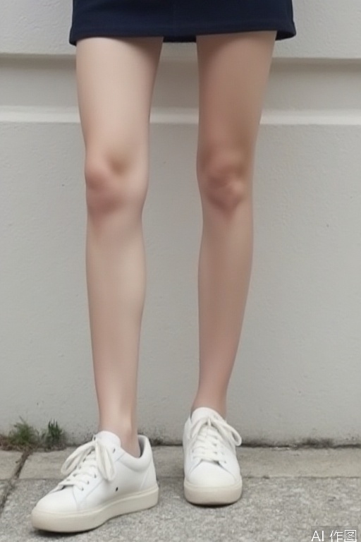 The picture shows a close-up of an Asian woman's legs, slender legs, delicate and fair skin, wearing white sneakers and short skirt