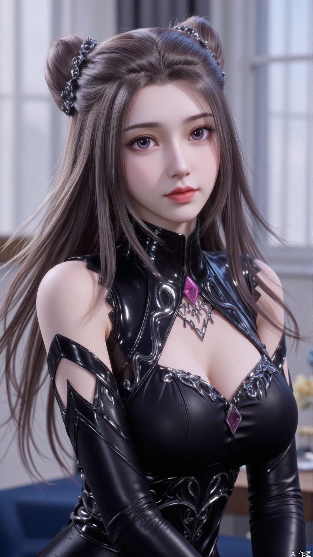 1girl, solo, purple eyes, double bun, hair bun, long hair, looking at viewer, detached sleeves, black nails, clothing cutout, bodysuit, mischevious smile, perfect body, scenery, sharp focus, best quality, masterpiece, detailed outfit, illustration, perfect eyes, finely detailed beautiful anime eyes, realistic skin, intricate details, best lighting, depth of field, ultra high resolution,sitting